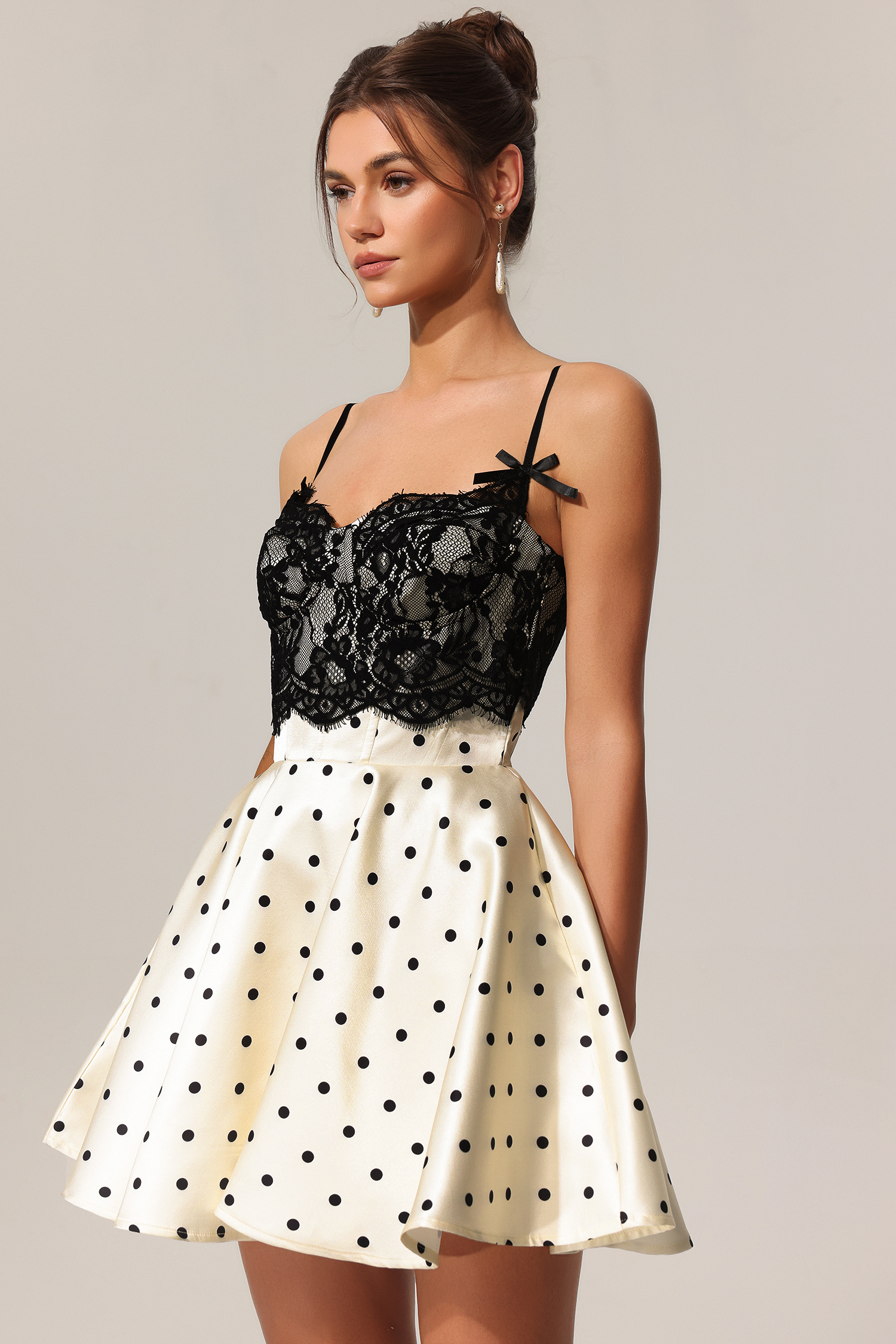 Kapol Dot Printed Lace Halter Mini Dress