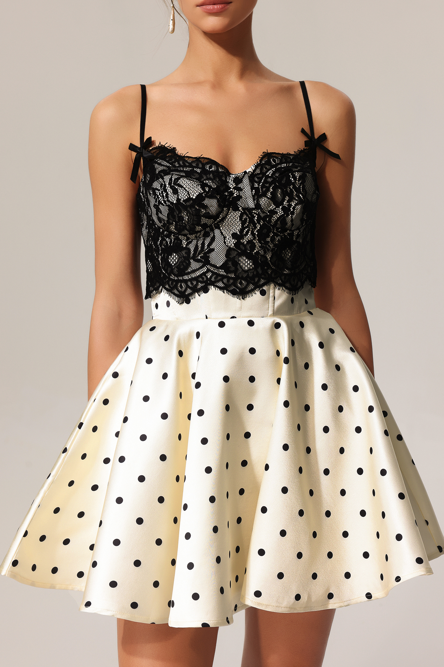 Kapol Dot Printed Lace Halter Mini Dress