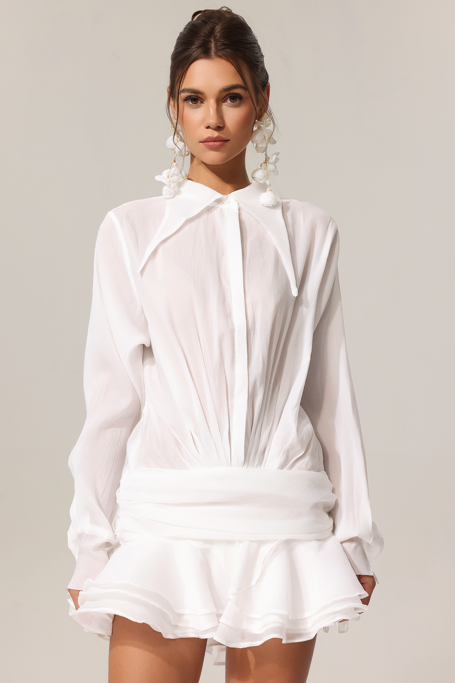 Vara Lapel Long Sleeves Folds Mini Dress