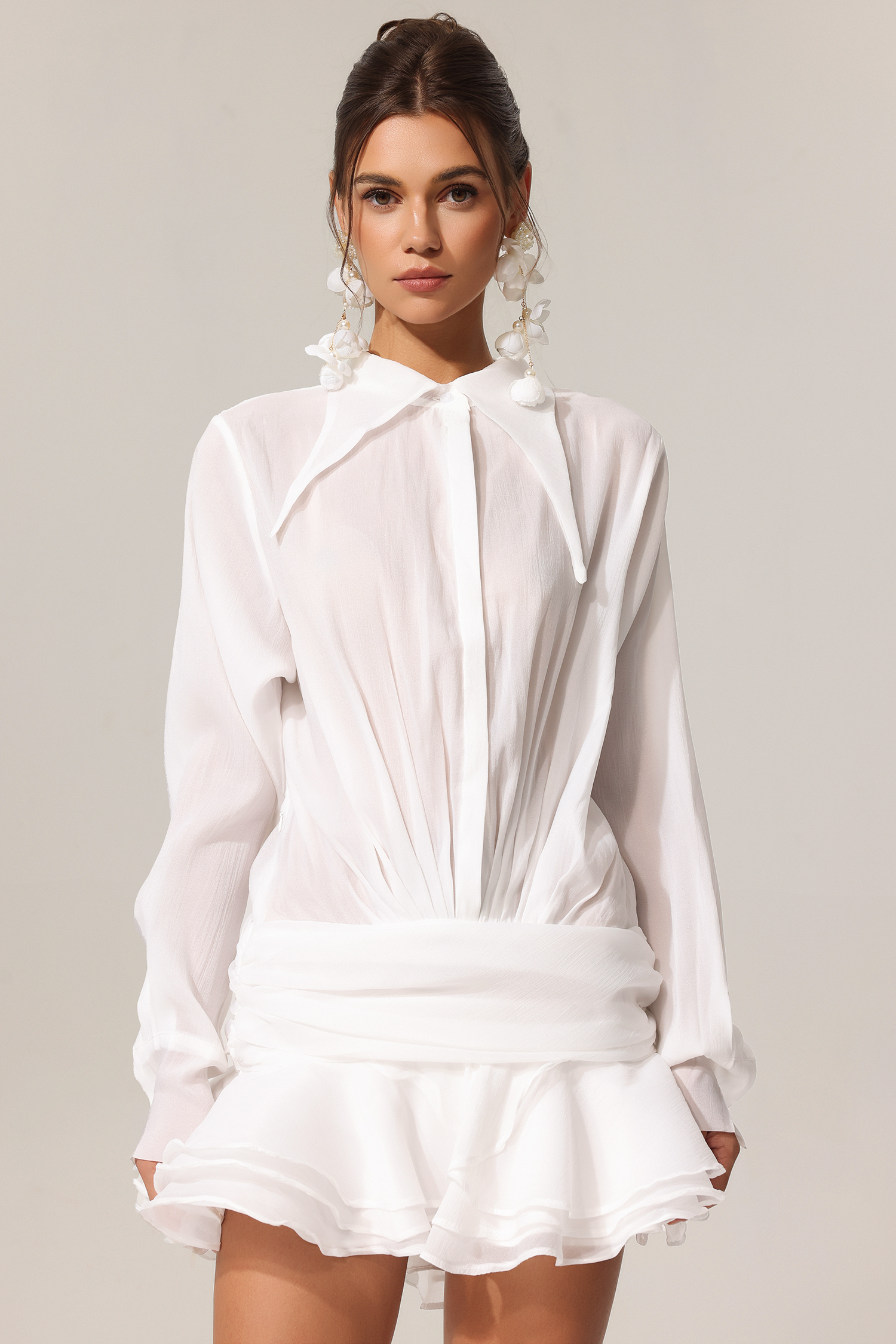 Vara Lapel Long Sleeves Folds Mini Dress