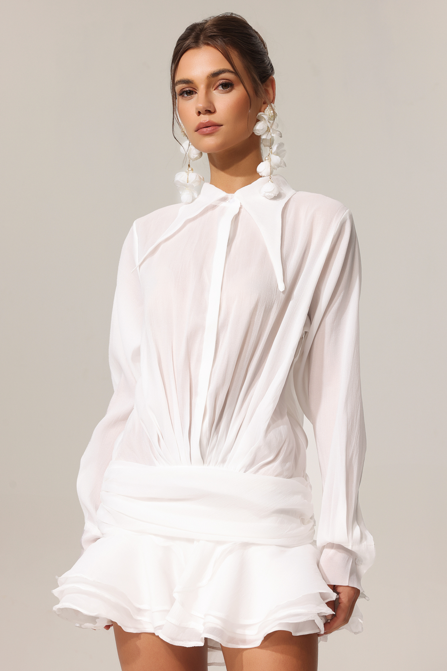 Vara Lapel Long Sleeves Folds Mini Dress