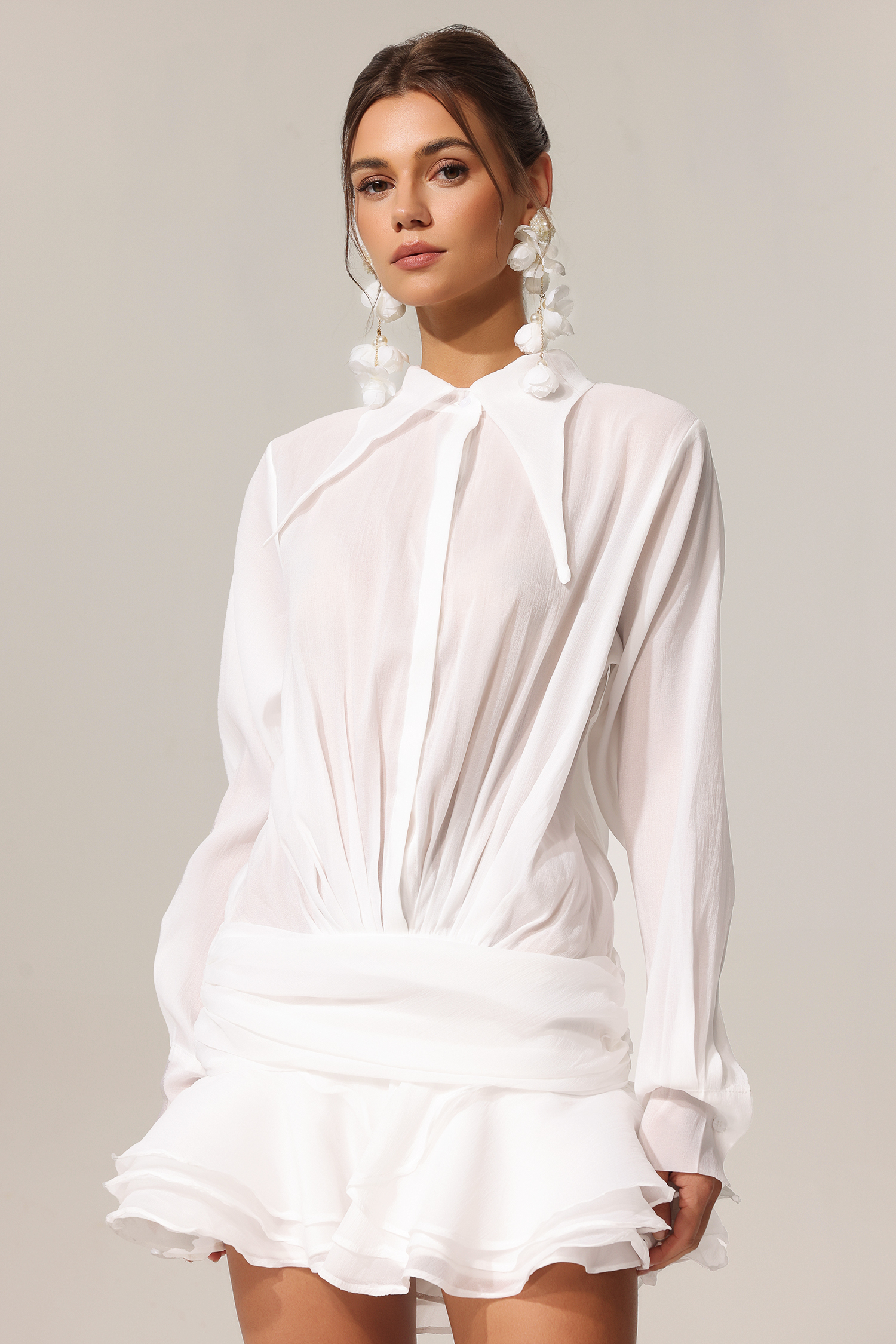 Vara Lapel Long Sleeves Folds Mini Dress