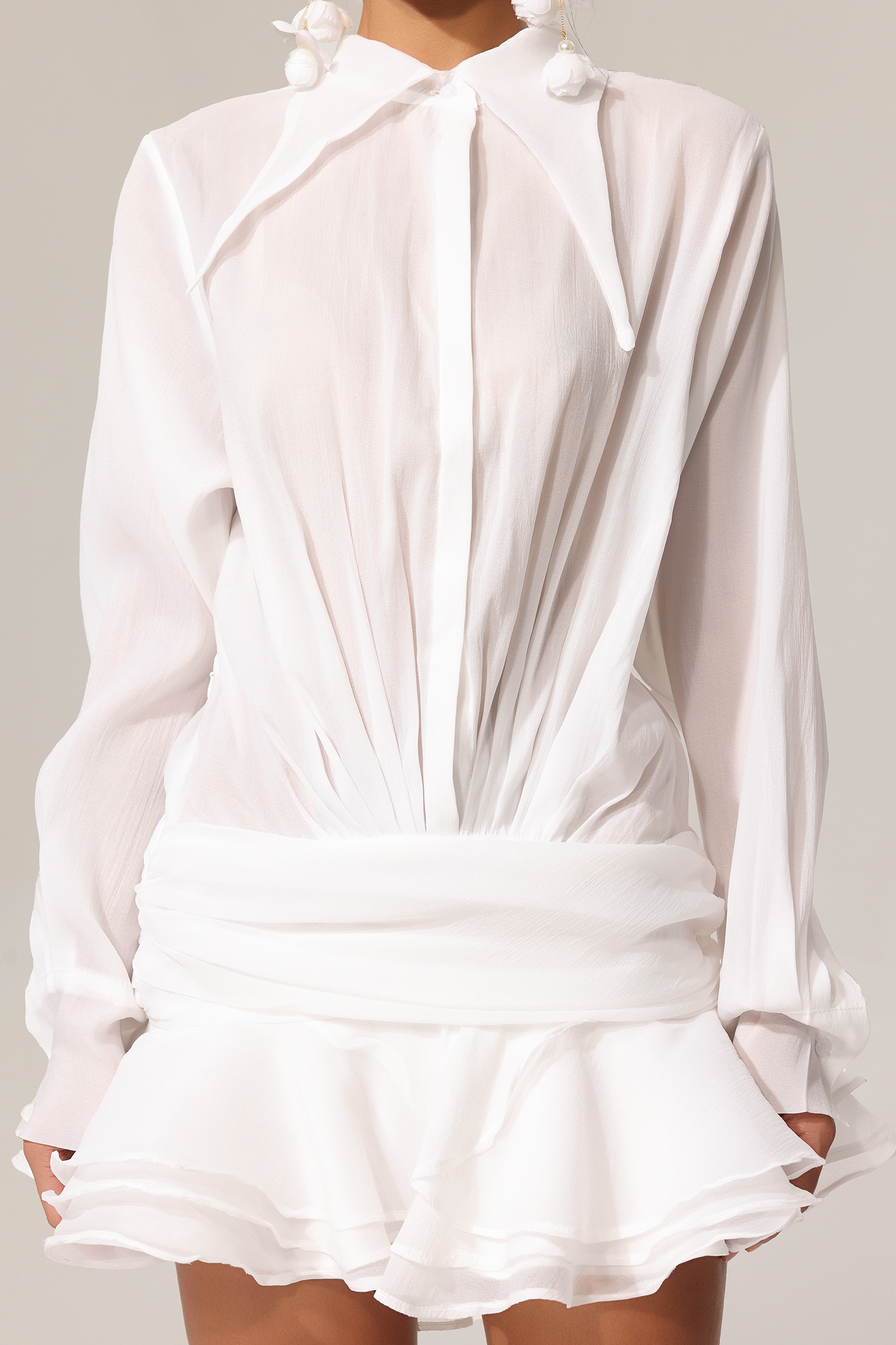 Vara Lapel Long Sleeves Folds Mini Dress