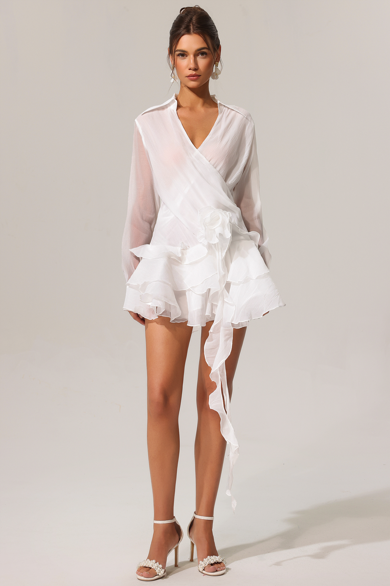 Enene V Neck Flowers Long Sleeves Folds Streamer Mini Dress