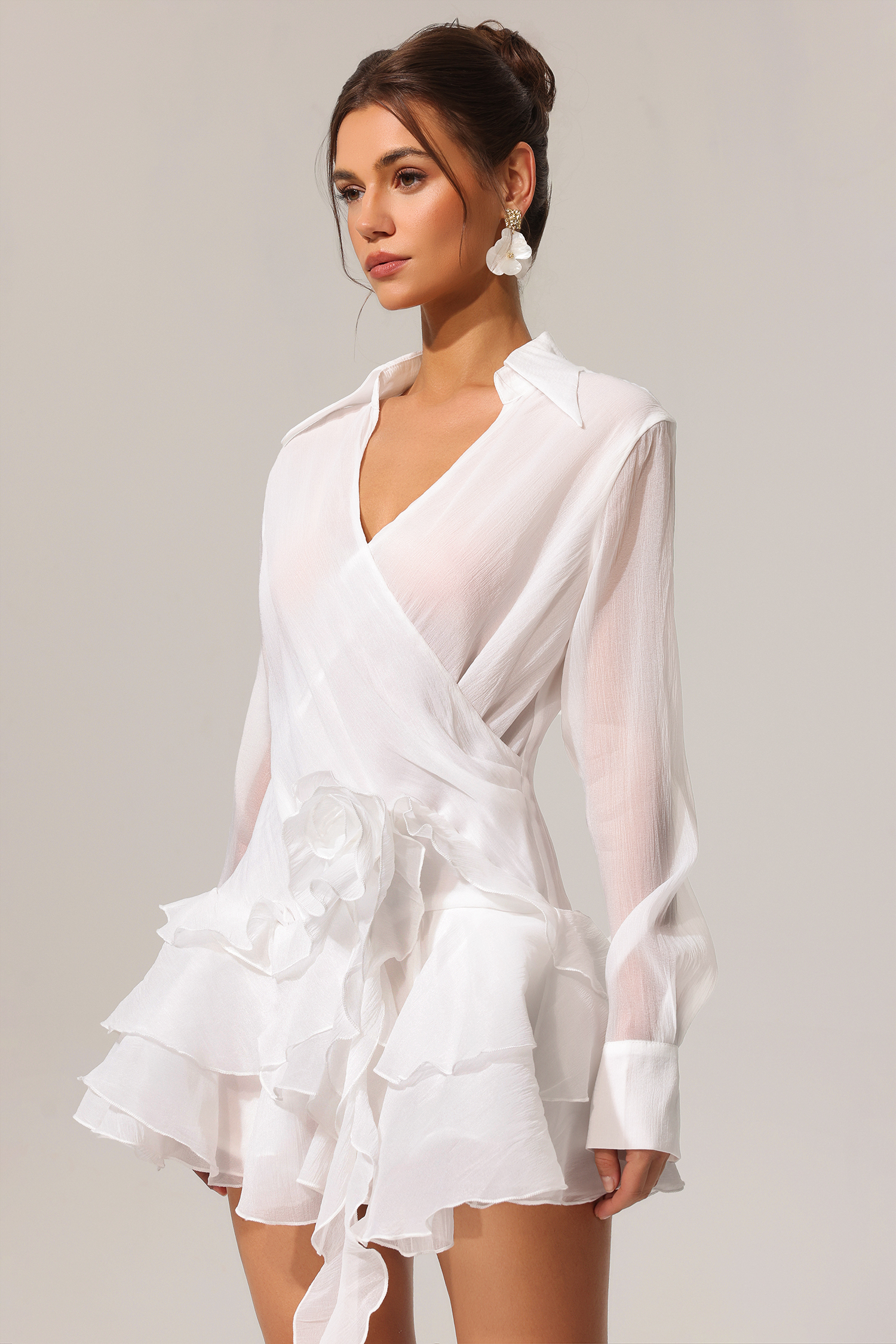 Enene V Neck Flowers Long Sleeves Folds Streamer Mini Dress