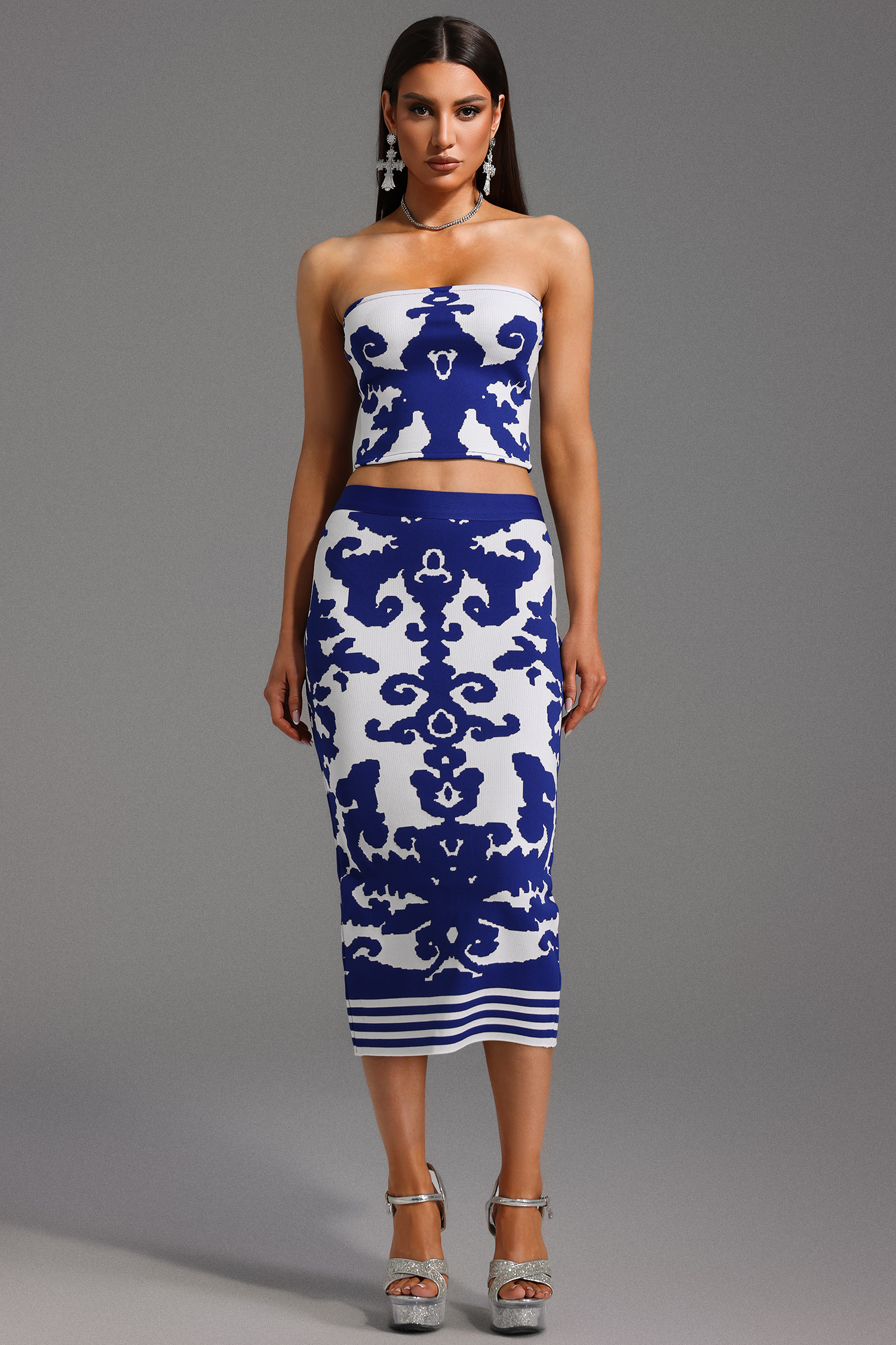 Elay Sleeveless Jacquard Bandage Midi Two-Piece Set