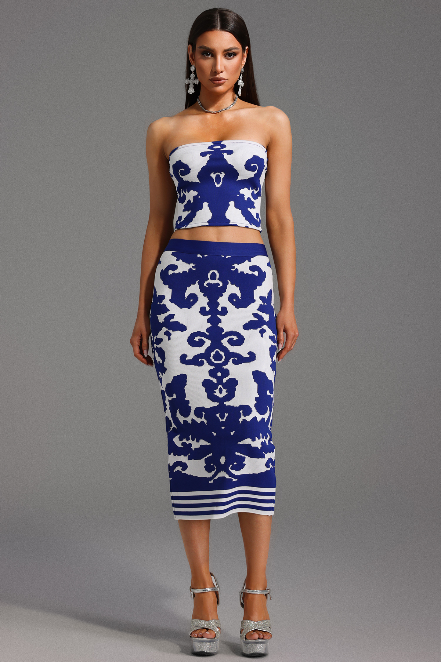 Elay Sleeveless Jacquard Bandage Midi Two-Piece Set