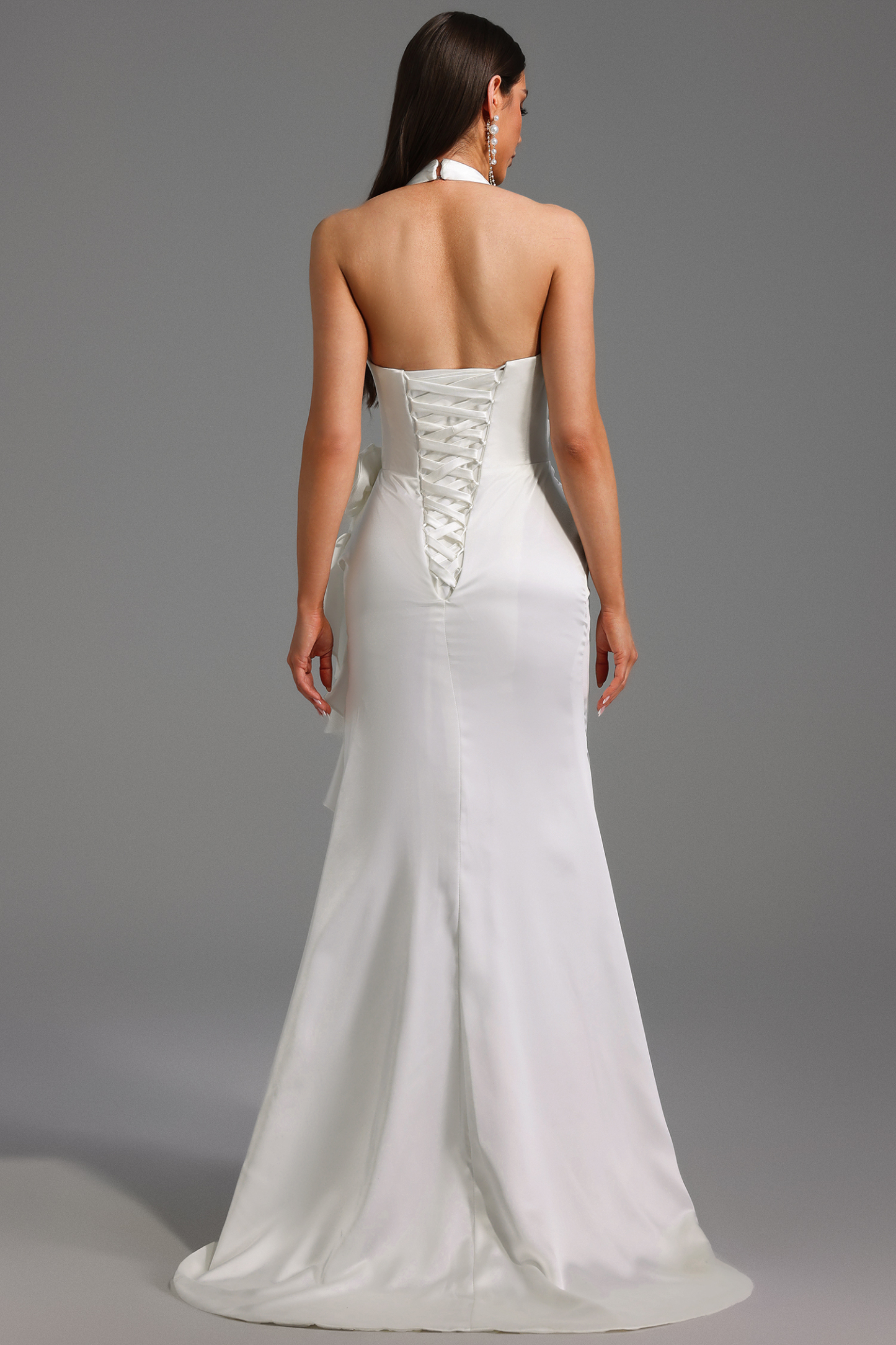 Haka Halter V-Neck Flowers Flounce Maxi Dress