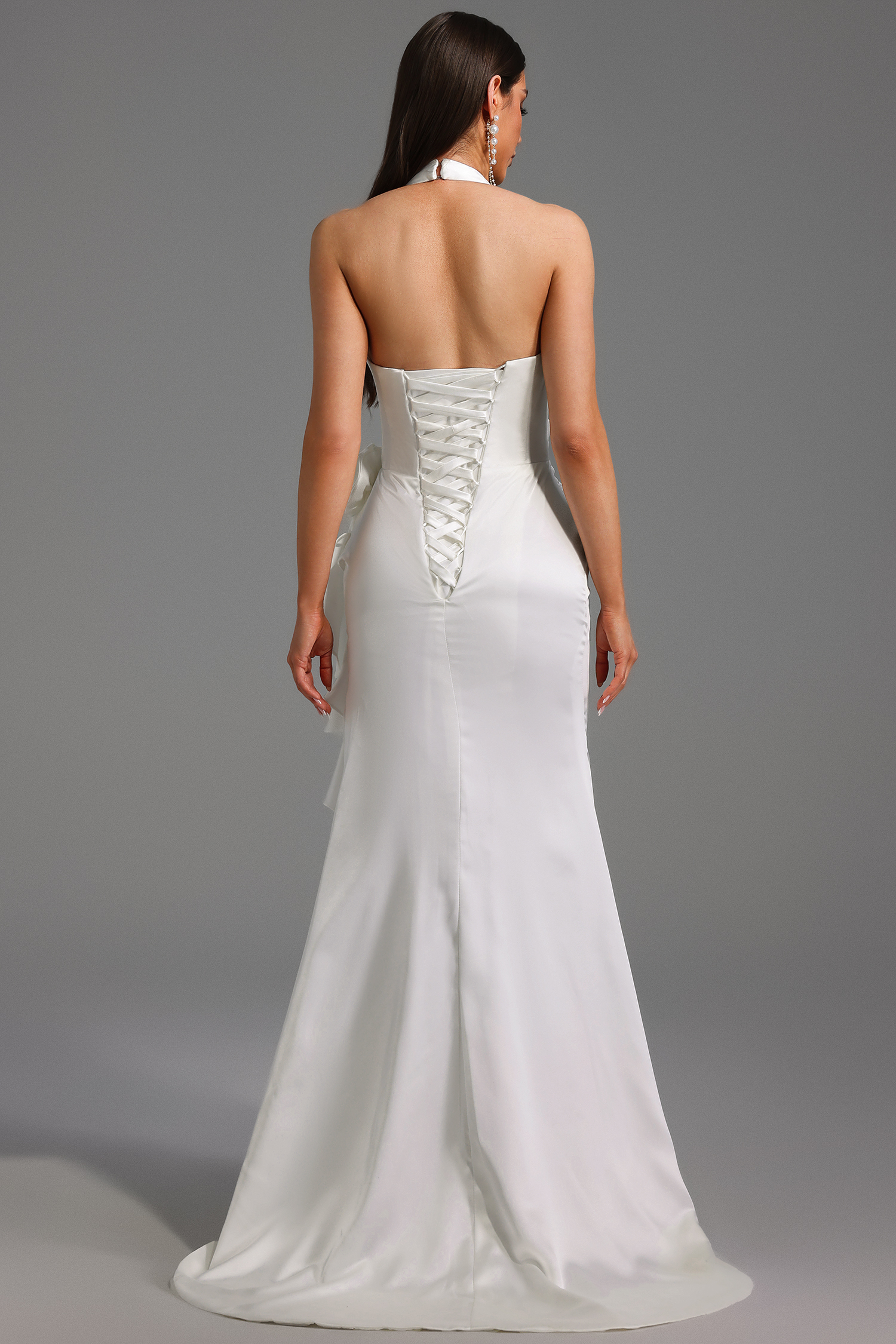 Haka Halter V-Neck Flowers Flounce Maxi Dress