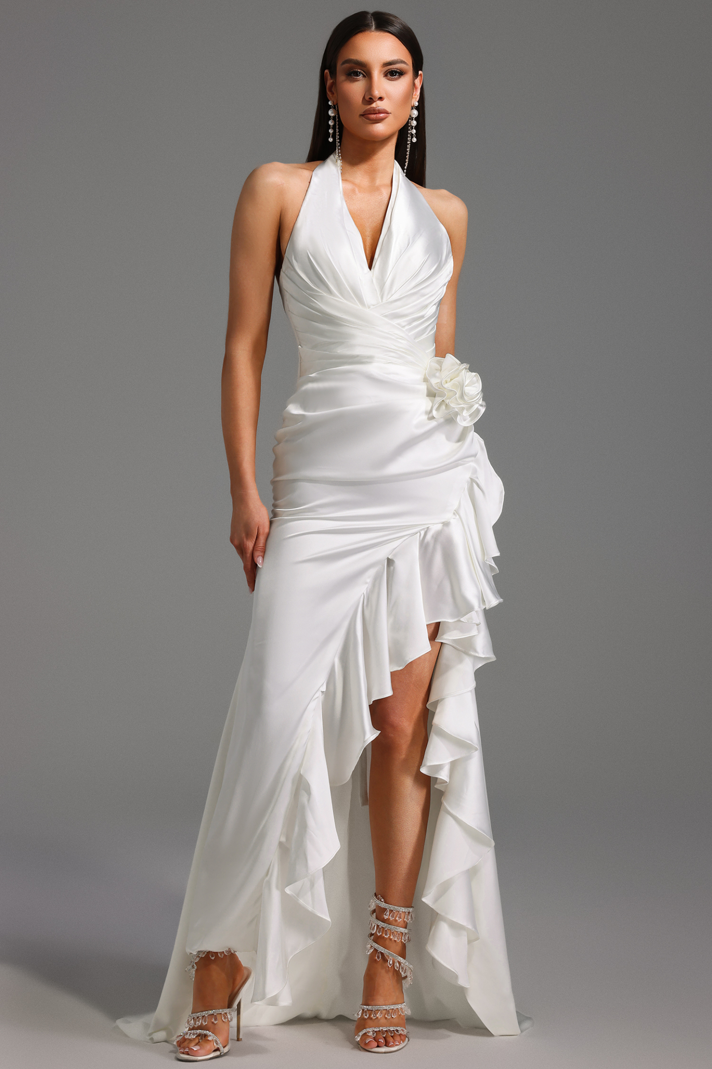 Haka Halter V-Neck Flowers Flounce Maxi Dress