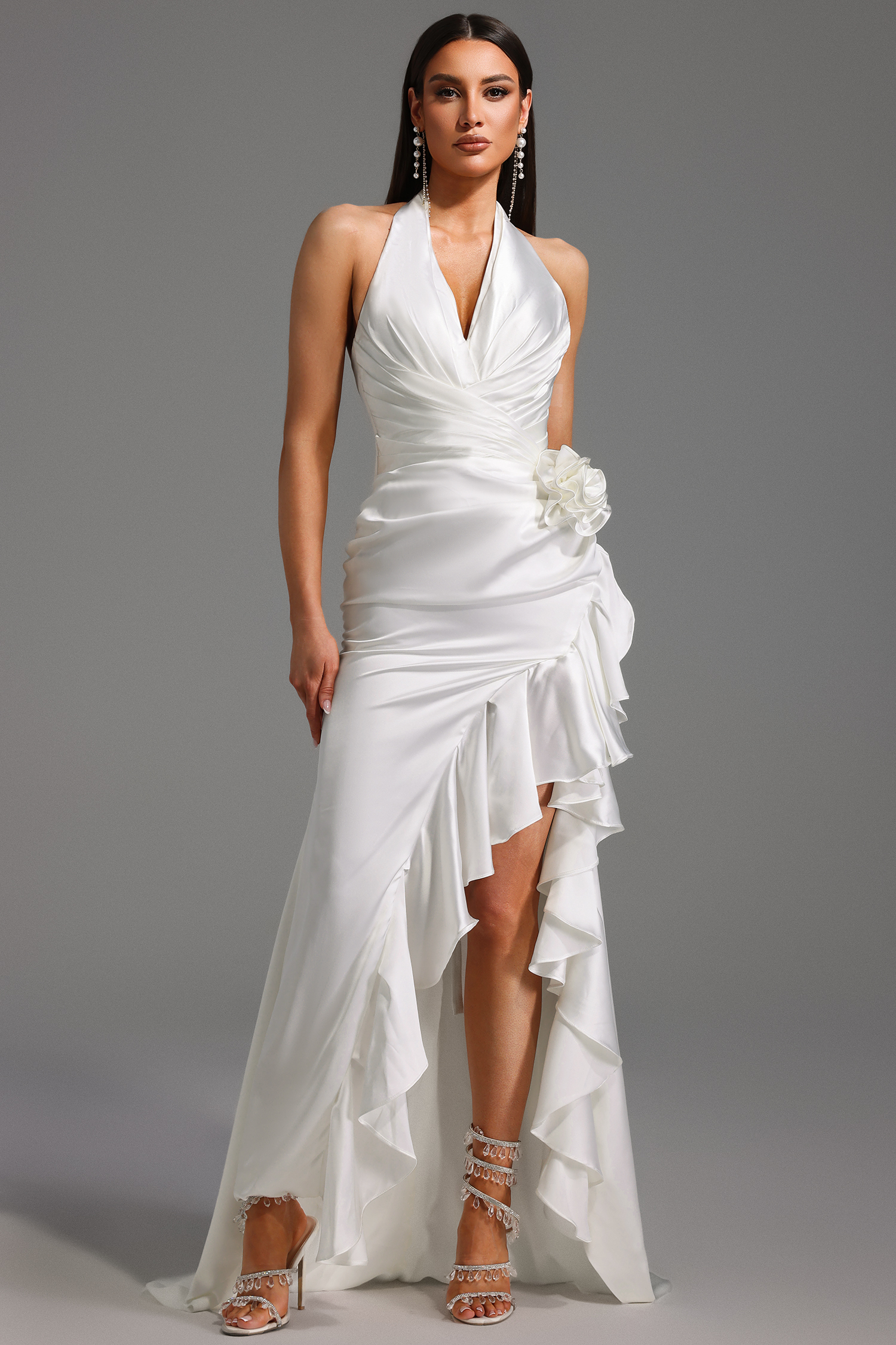 Haka Halter V-Neck Flowers Flounce Maxi Dress