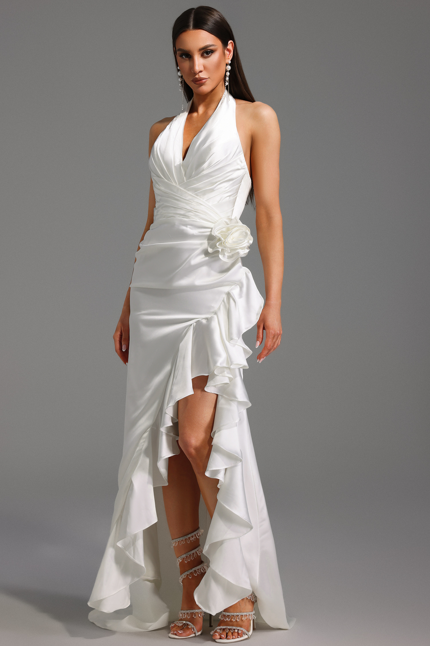 Haka Halter V-Neck Flowers Flounce Maxi Dress