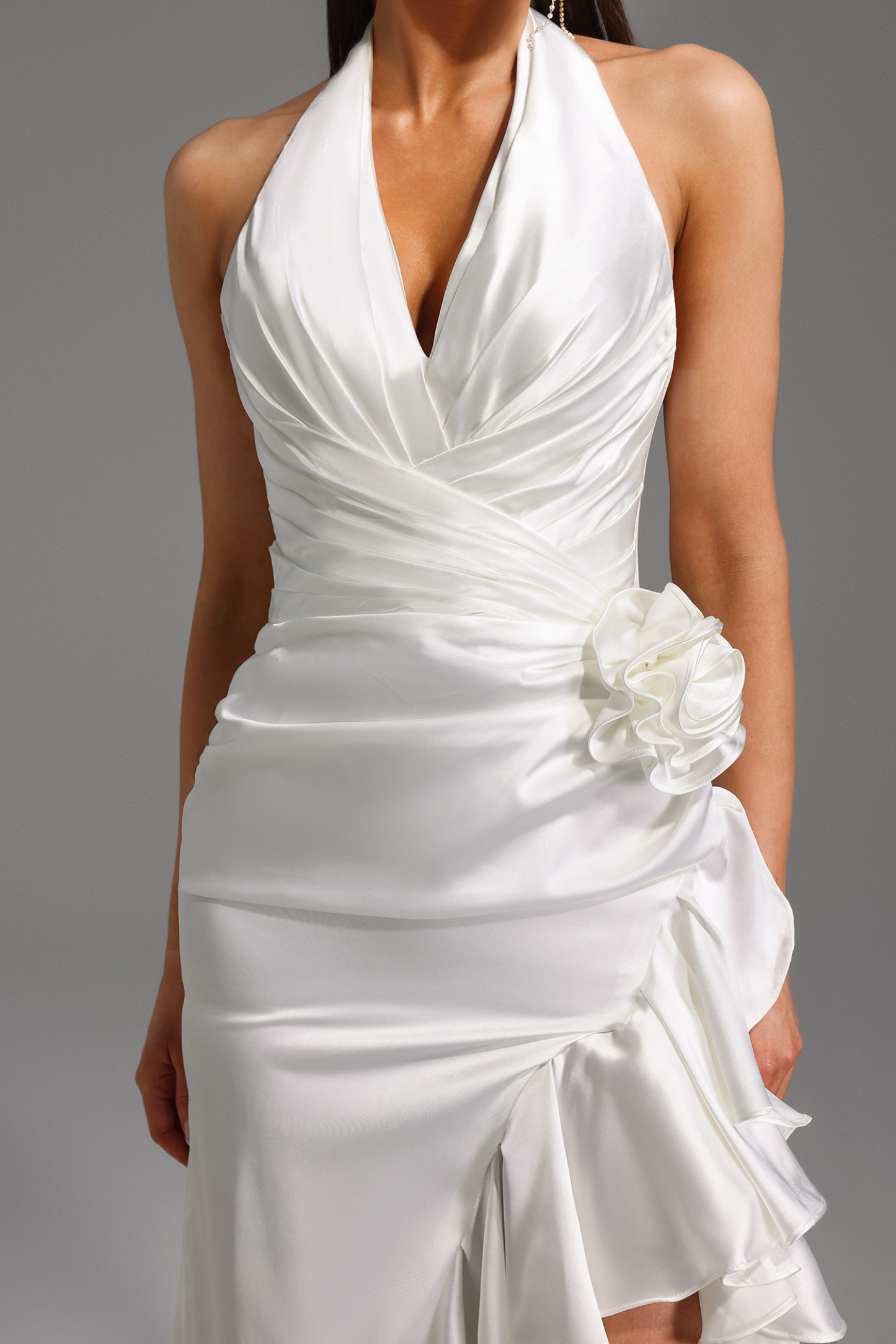 Haka Halter V-Neck Flowers Flounce Maxi Dress