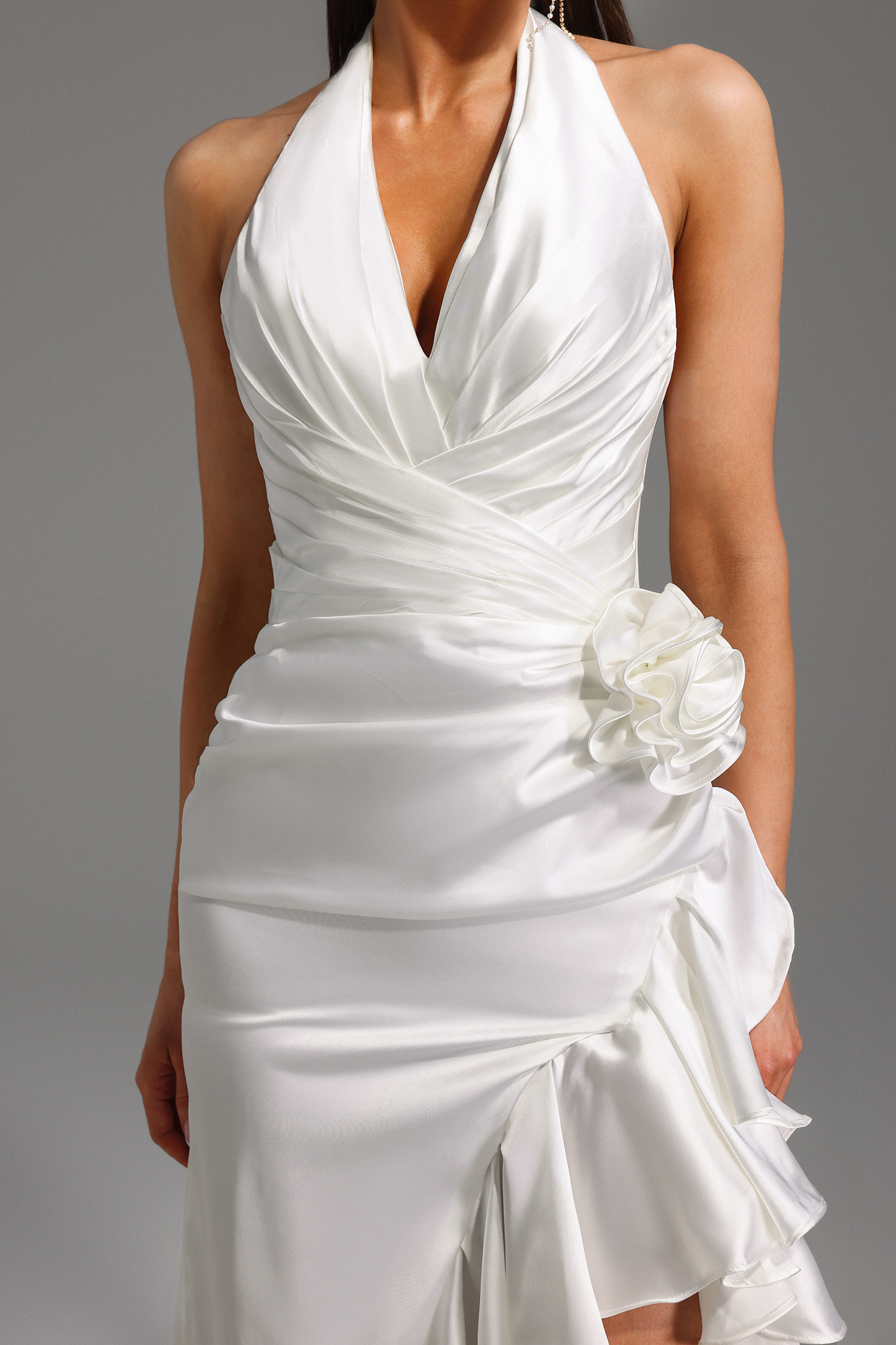 Haka Halter V-Neck Flowers Flounce Maxi Dress