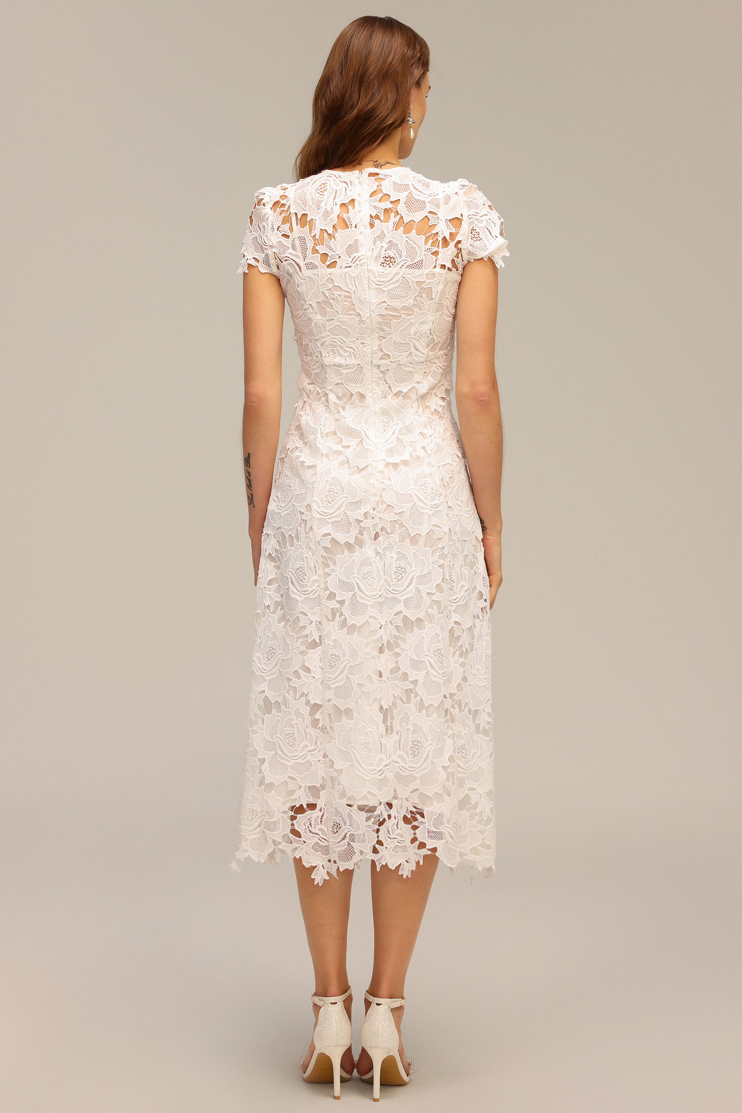 Jenna Short Sleeve Lace Hollow Out Embroidery Flower Midi Dress