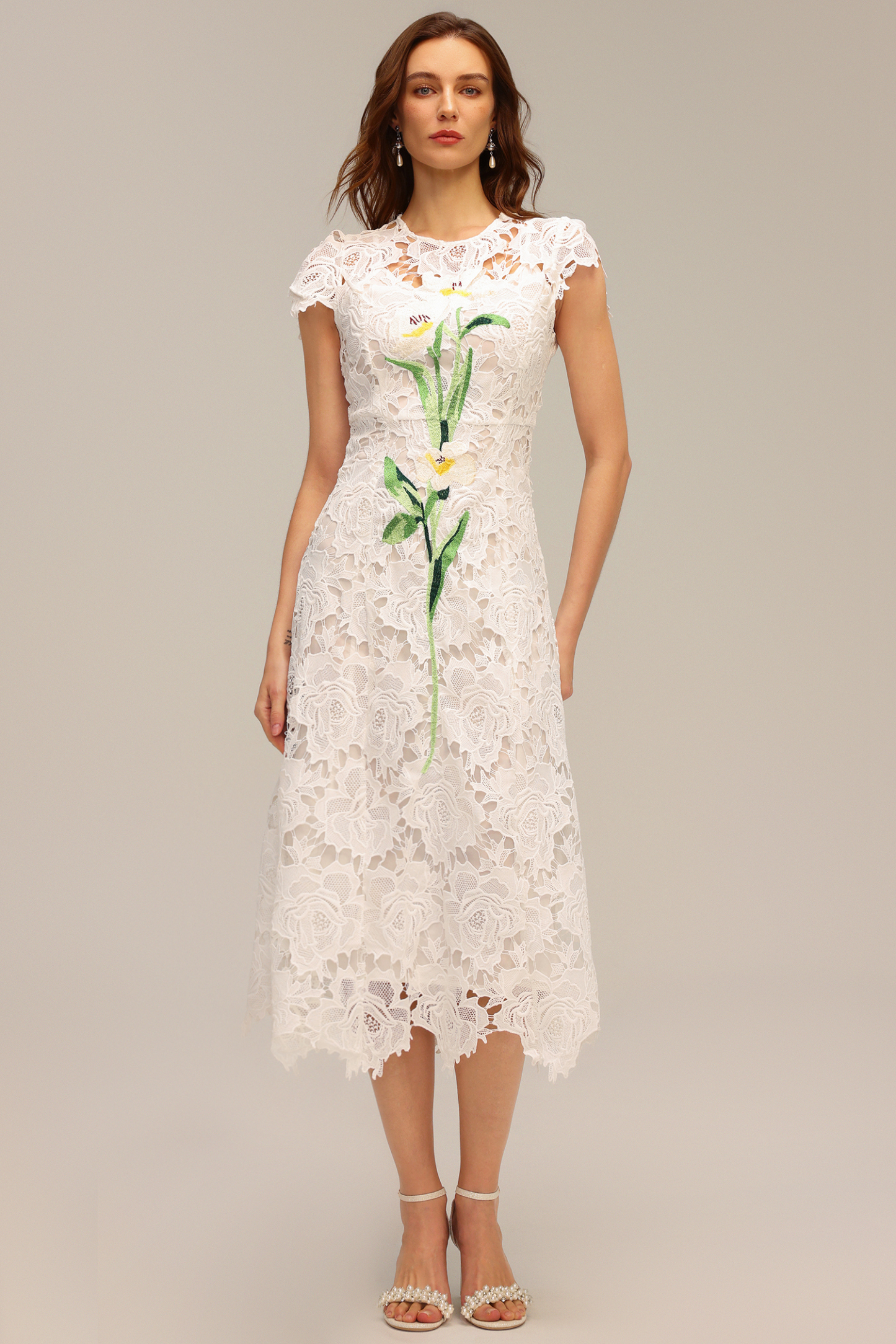 Jenna Short Sleeve Lace Hollow Out Embroidery Flower Midi Dress