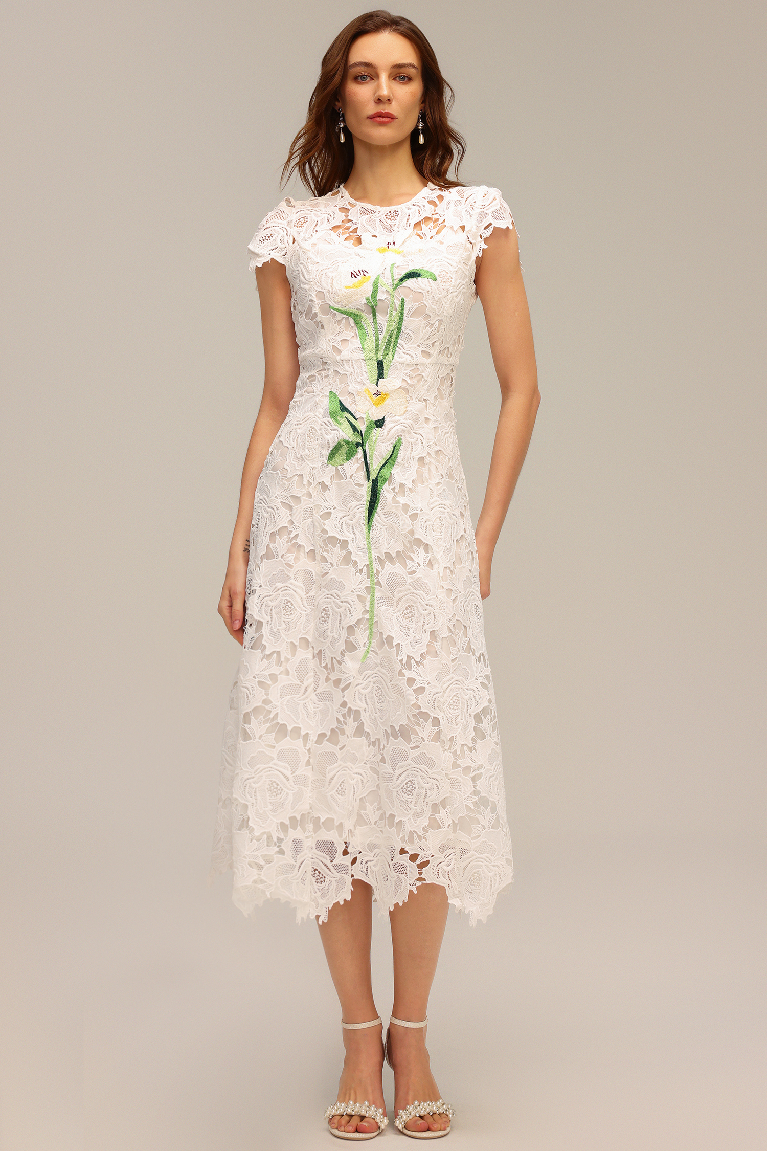 Jenna Short Sleeve Lace Hollow Out Embroidery Flower Midi Dress