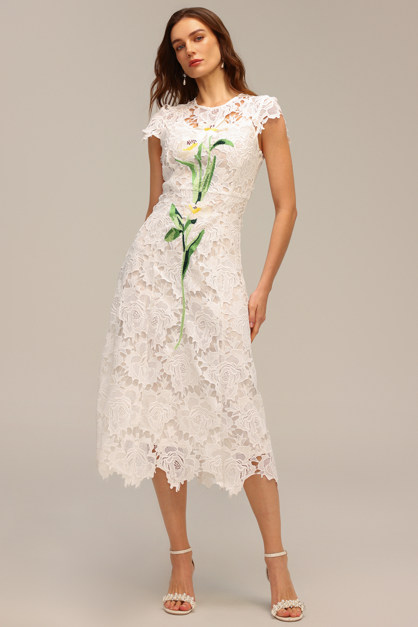 Jenna Short Sleeve Lace Hollow Out Embroidery Flower Midi Dress