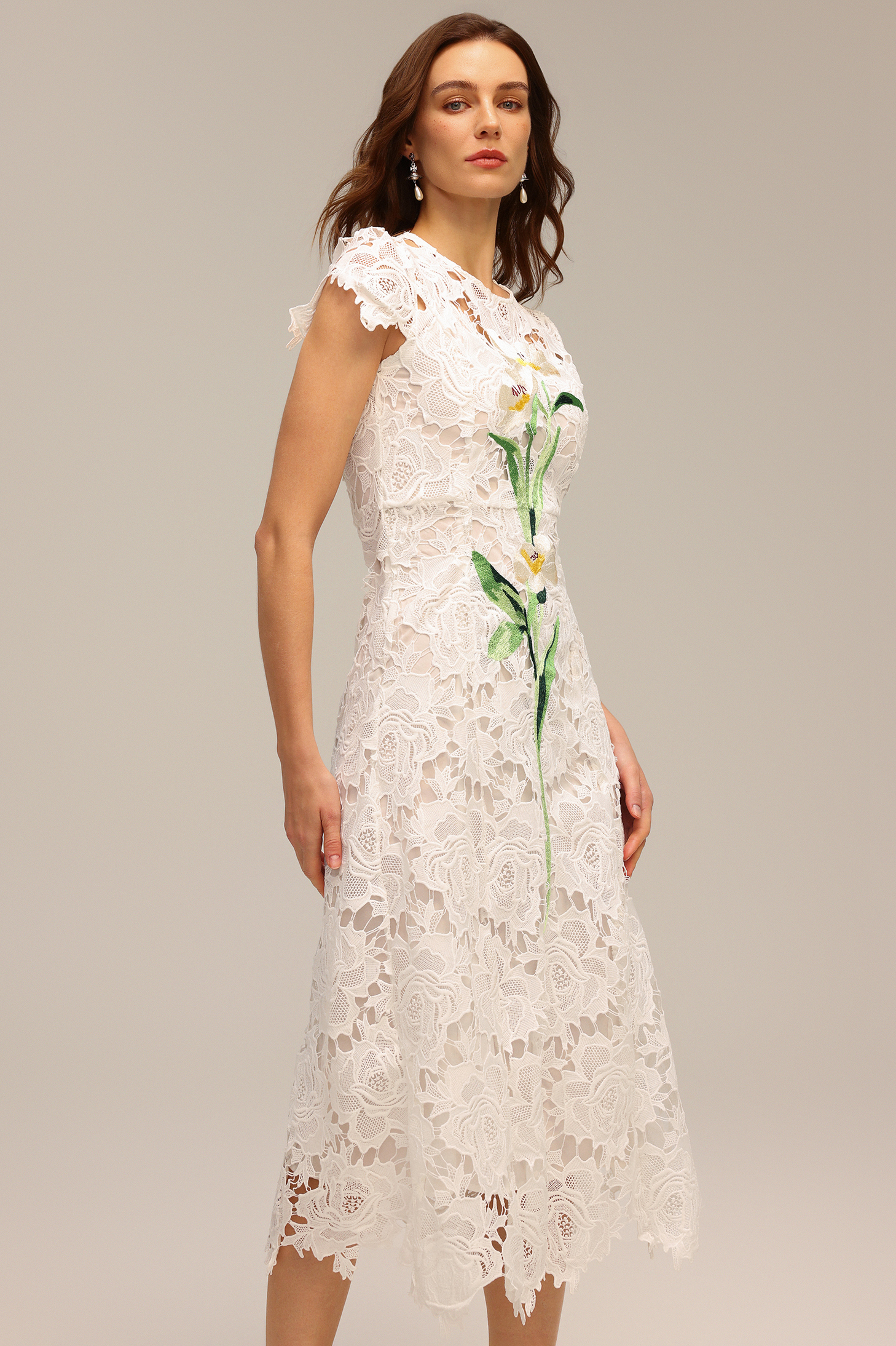 Jenna Short Sleeve Lace Hollow Out Embroidery Flower Midi Dress