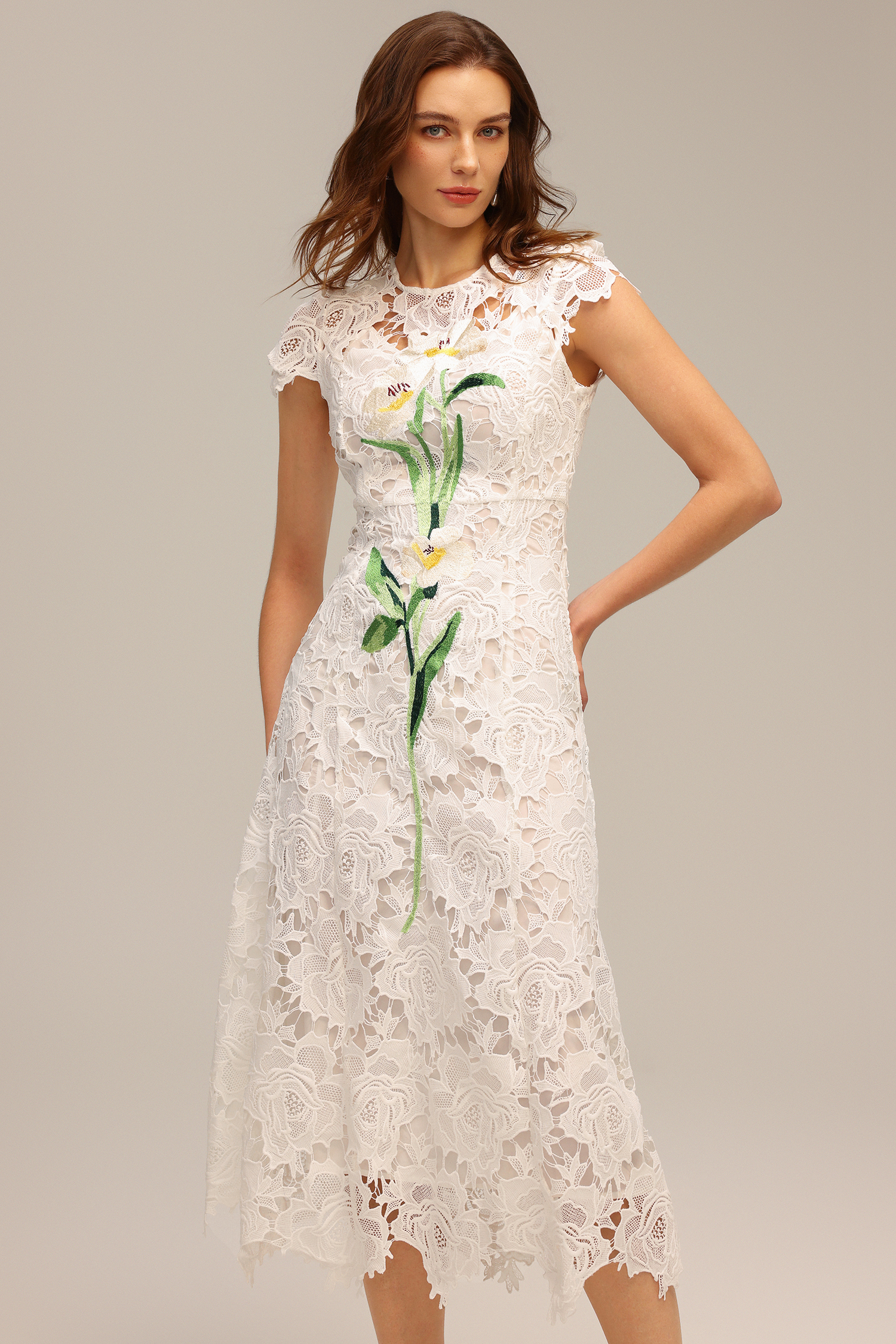Jenna Short Sleeve Lace Hollow Out Embroidery Flower Midi Dress