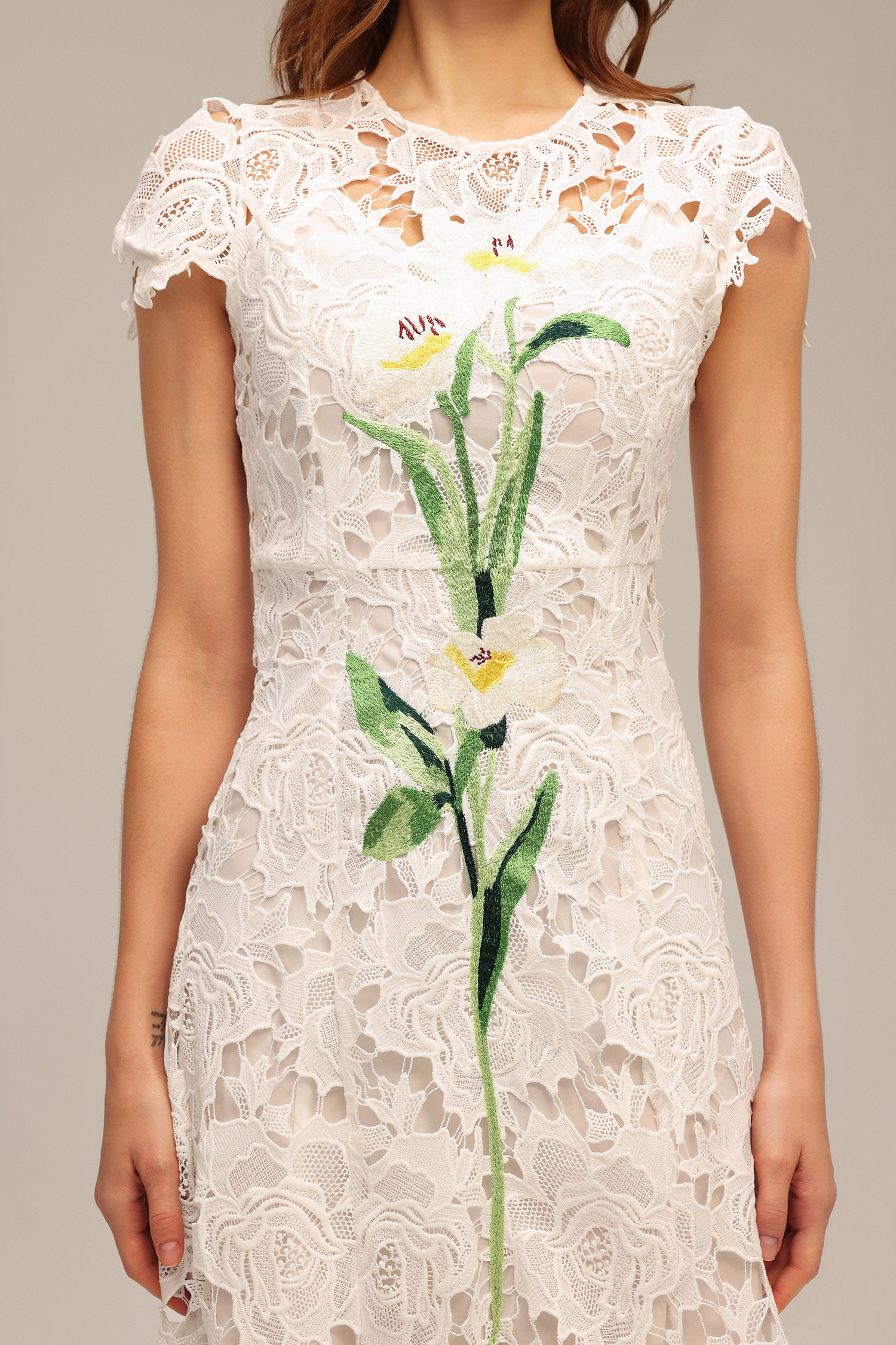 Jenna Short Sleeve Lace Hollow Out Embroidery Flower Midi Dress