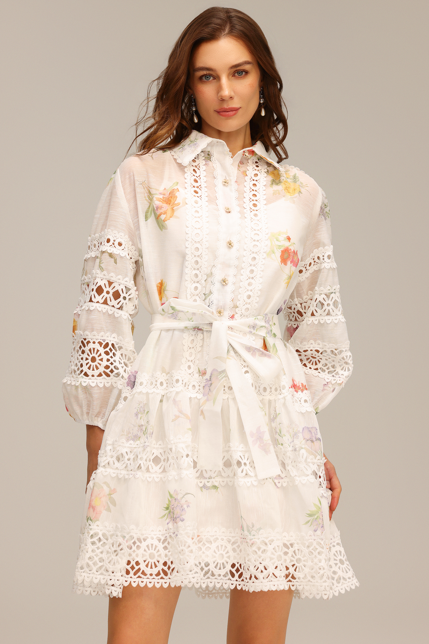 Isabeau Lace Long Sleeve Floral Printed Mini Dress