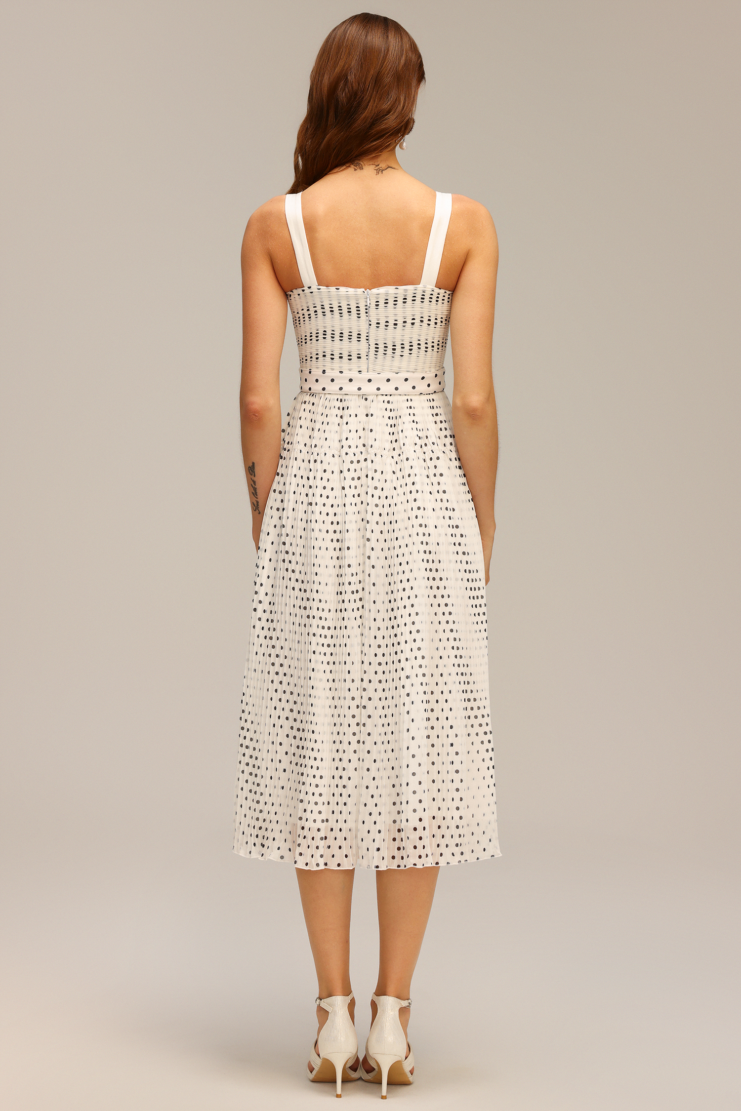 Gloria Halter Pearl Dot Printed Folds Midi Dress