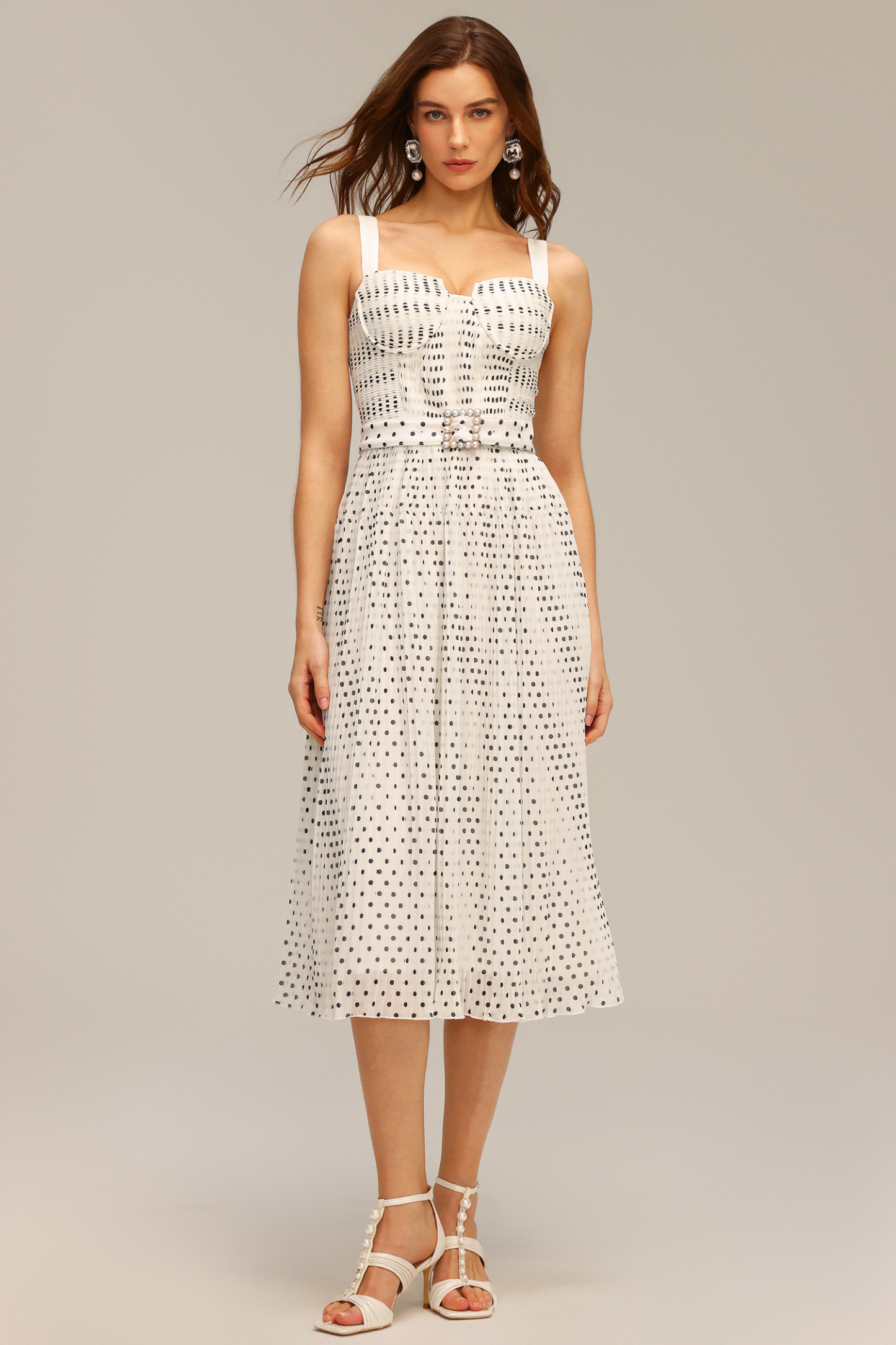 Gloria Halter Pearl Dot Printed Folds Midi Dress