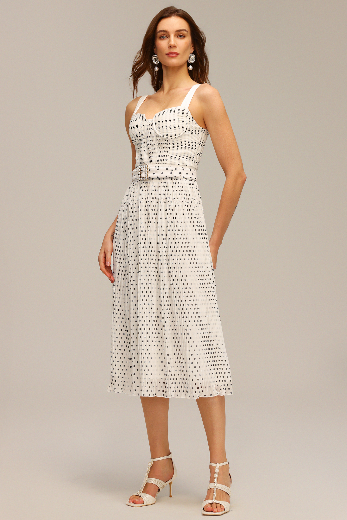 Gloria Halter Pearl Dot Printed Folds Midi Dress