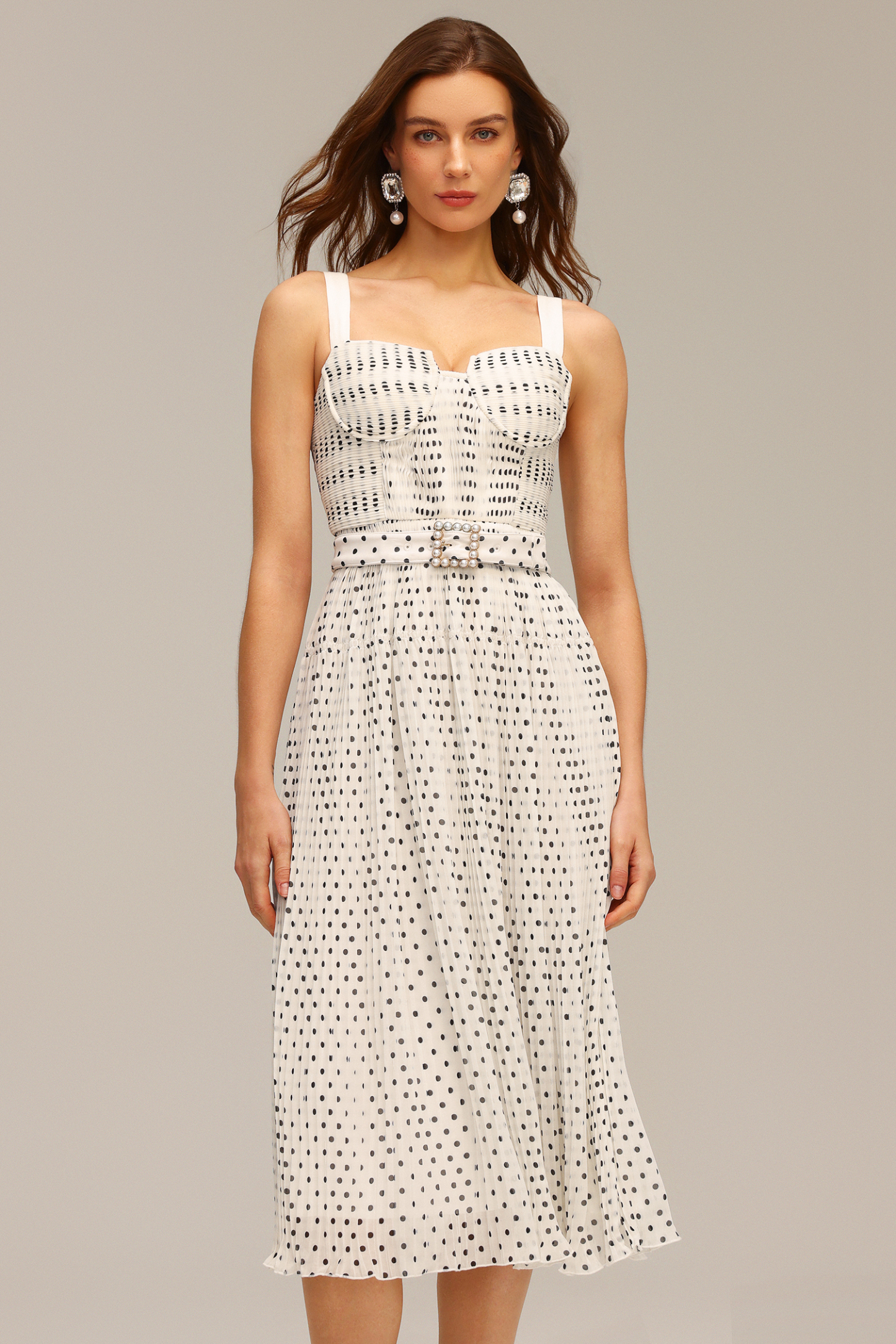 Gloria Halter Pearl Dot Printed Folds Midi Dress
