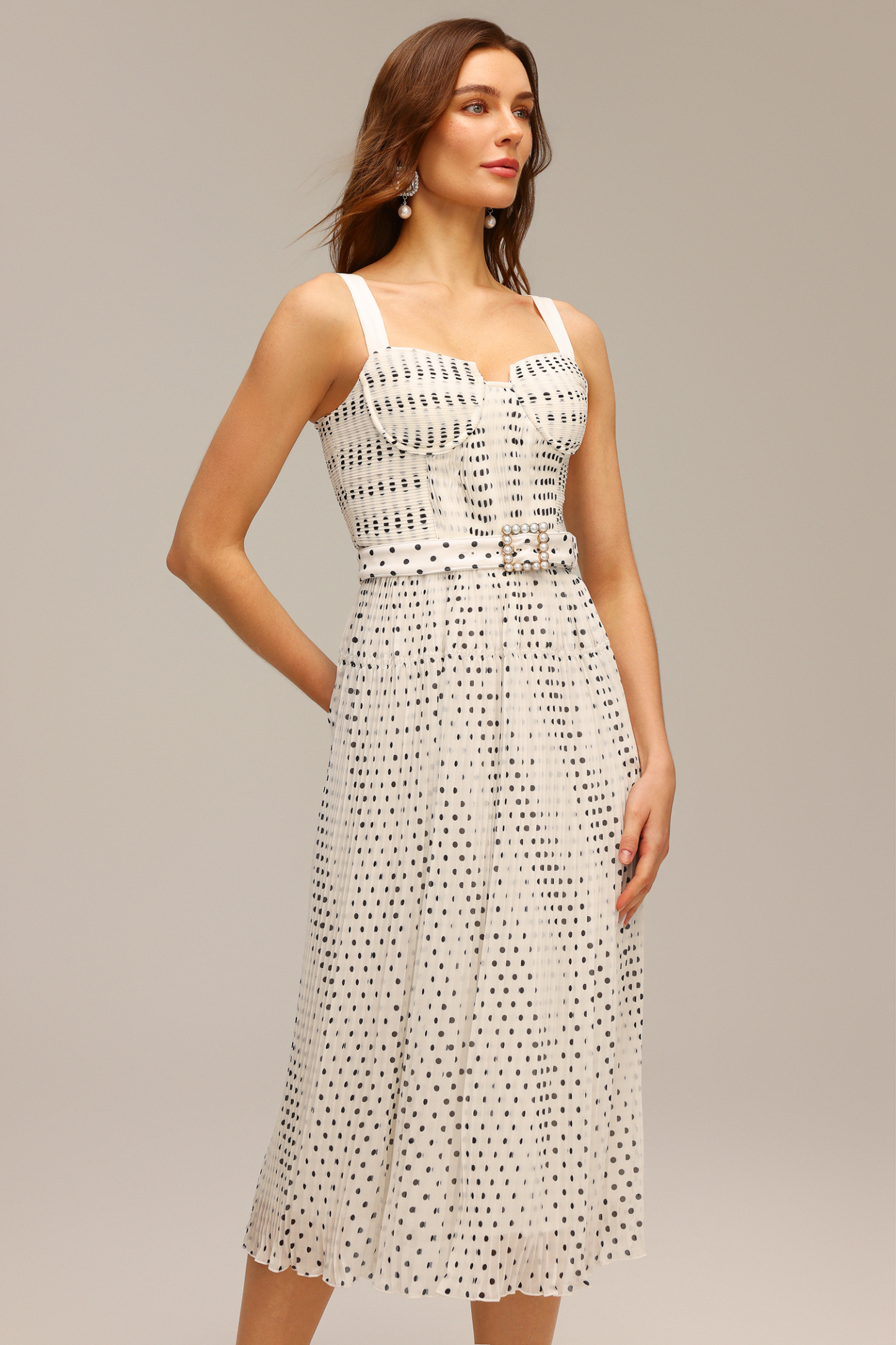 Gloria Halter Pearl Dot Printed Folds Midi Dress