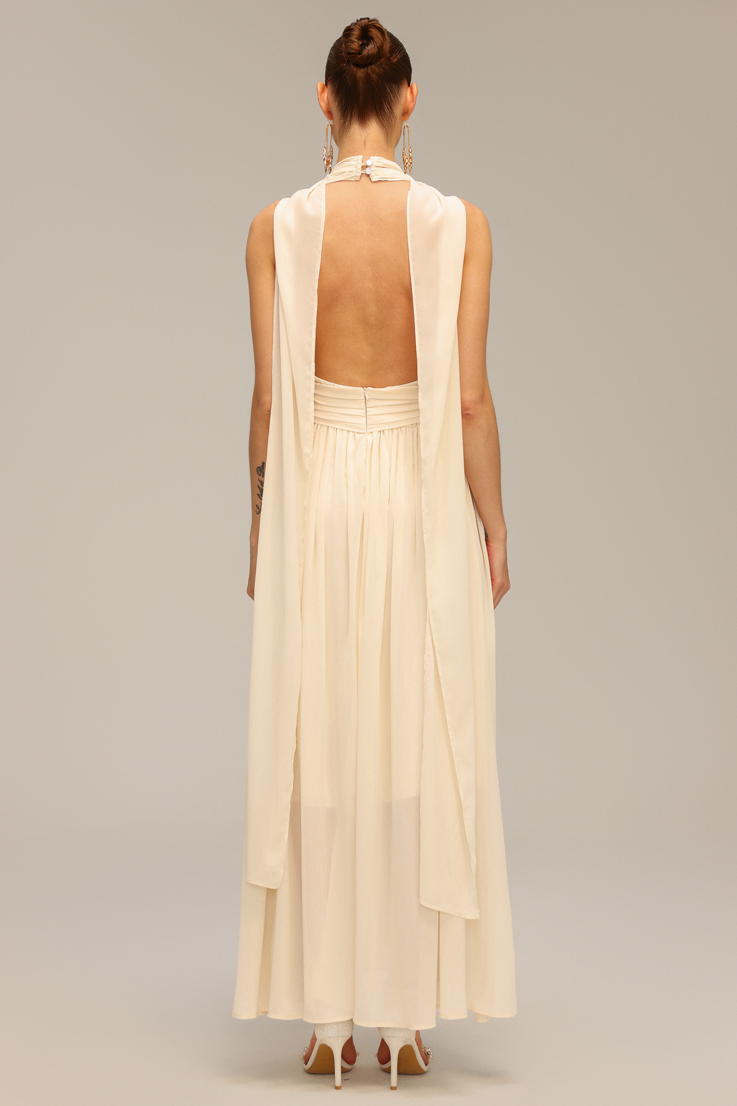 Harper Backless Sleeveless Folds Streamer Maxi Dress