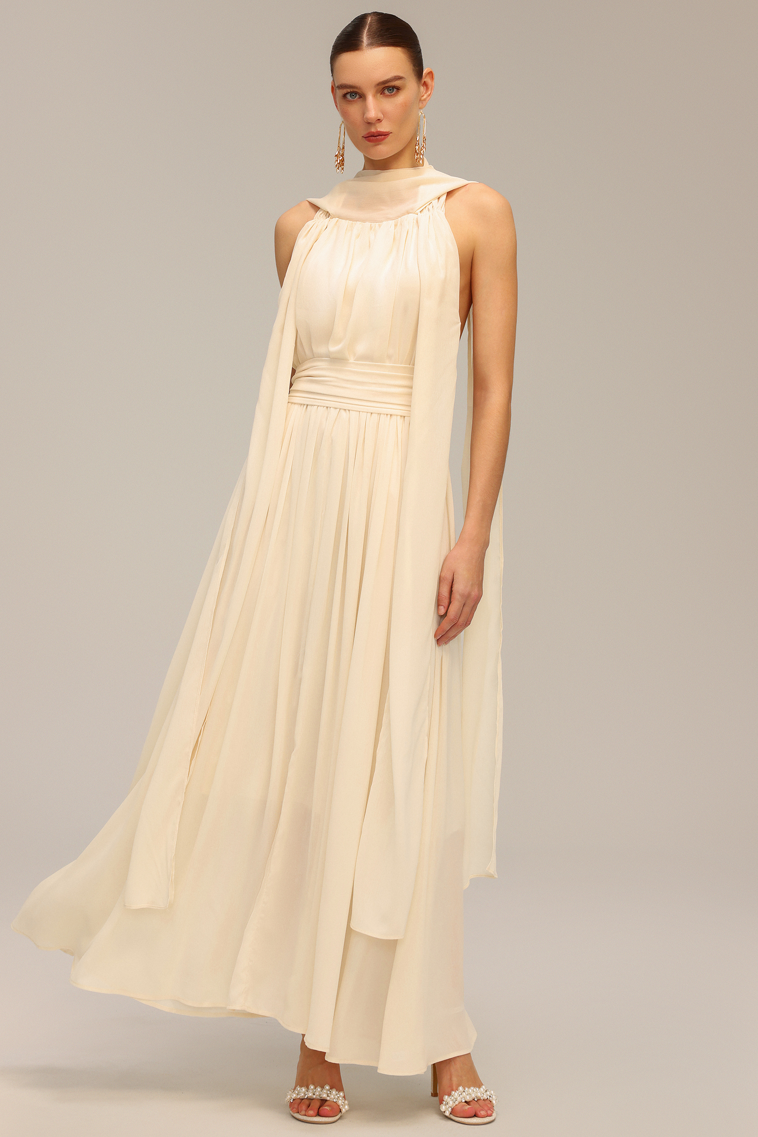 Harper Backless Sleeveless Folds Streamer Maxi Dress