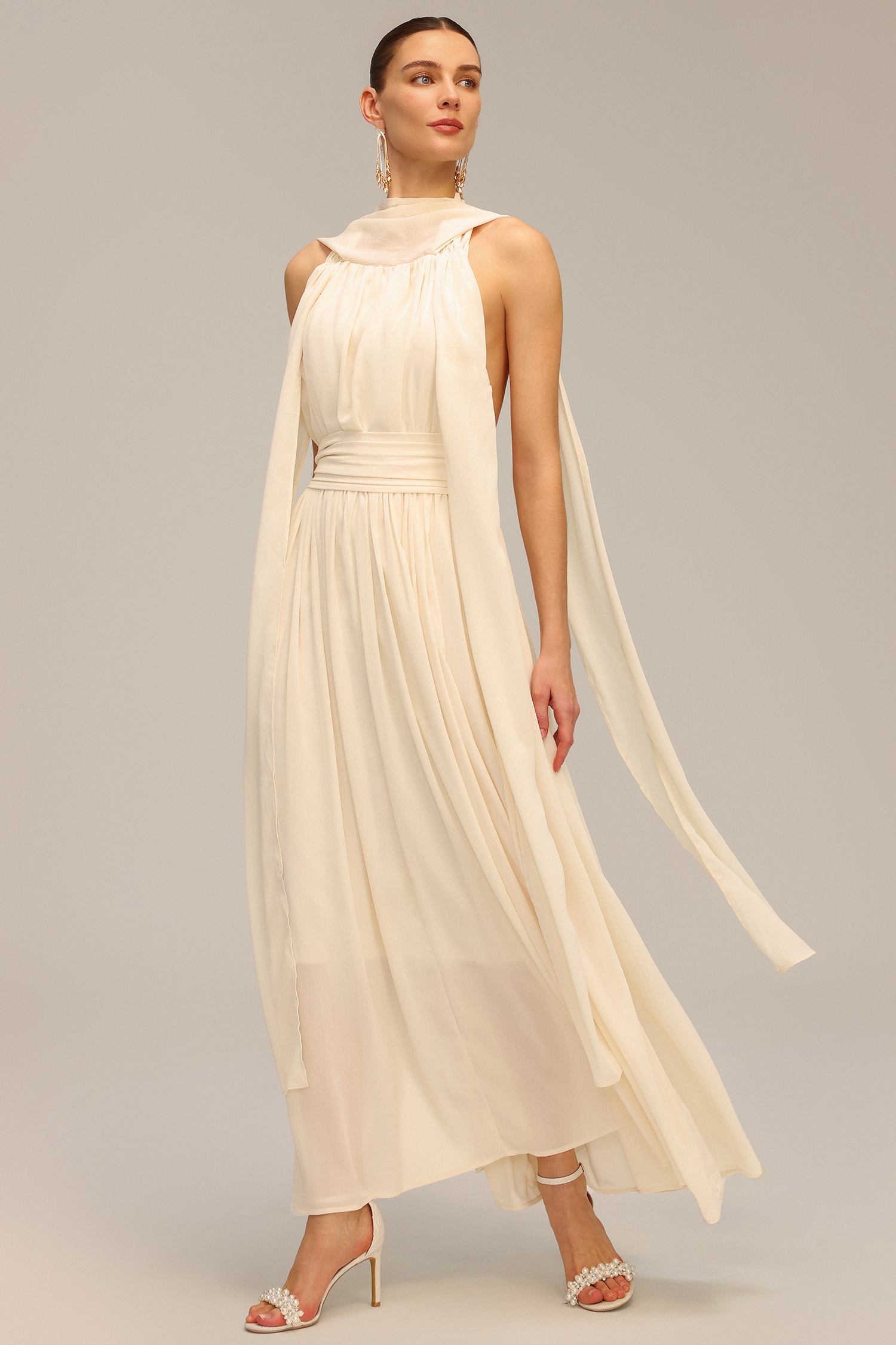 Harper Backless Sleeveless Folds Streamer Maxi Dress