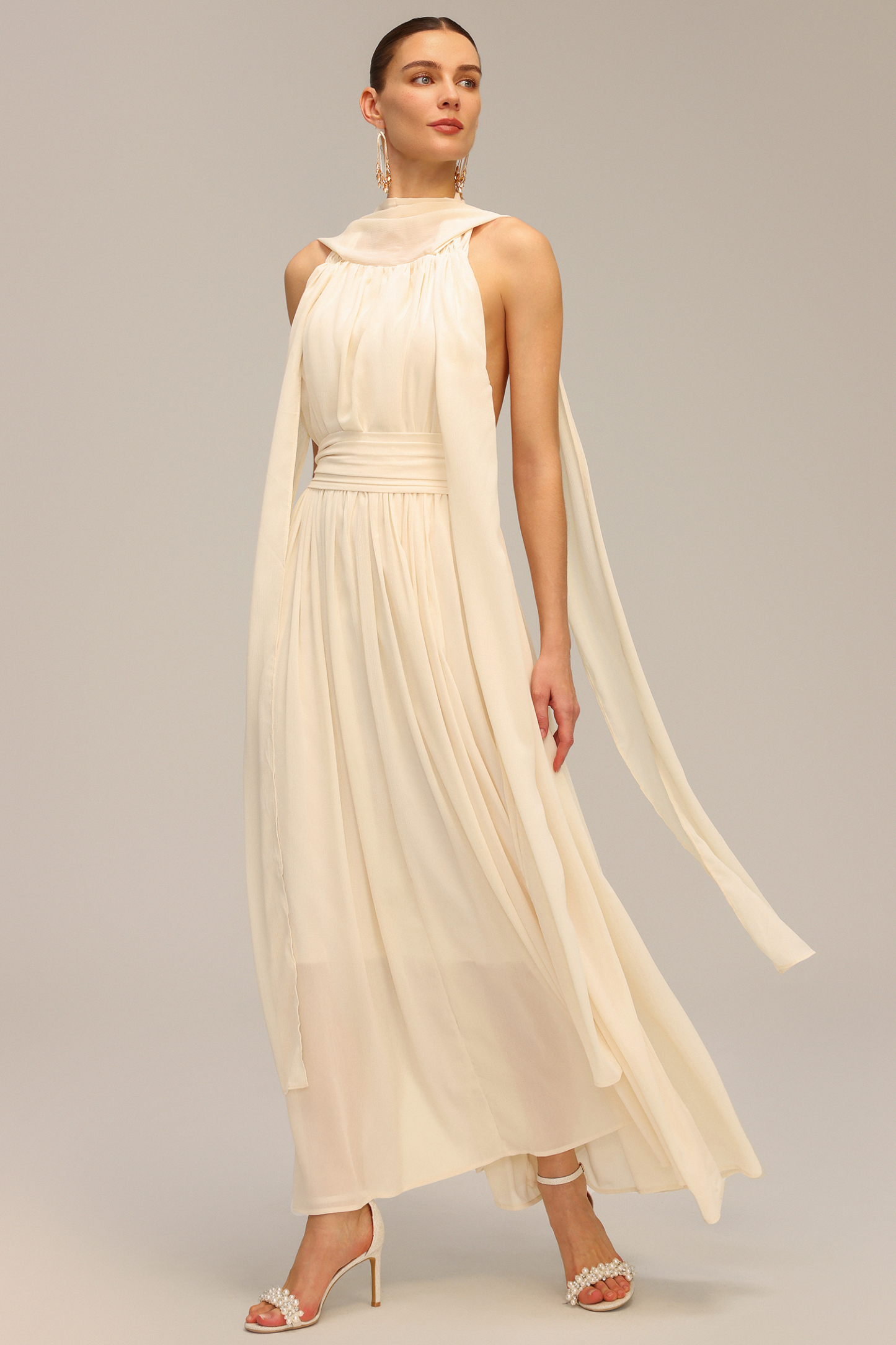 Harper Backless Sleeveless Folds Streamer Maxi Dress