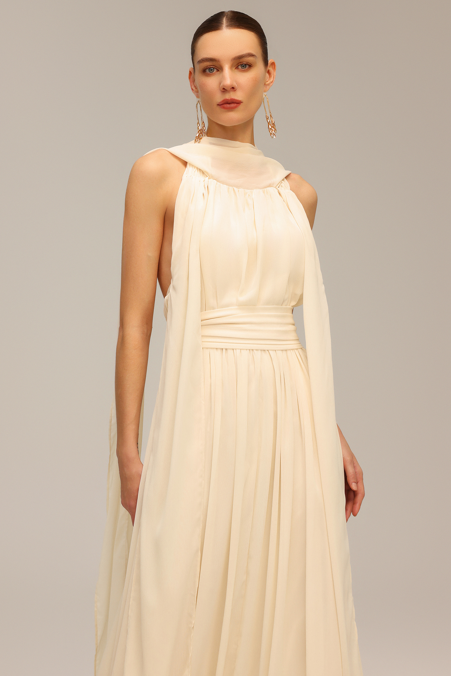 Harper Backless Sleeveless Folds Streamer Maxi Dress