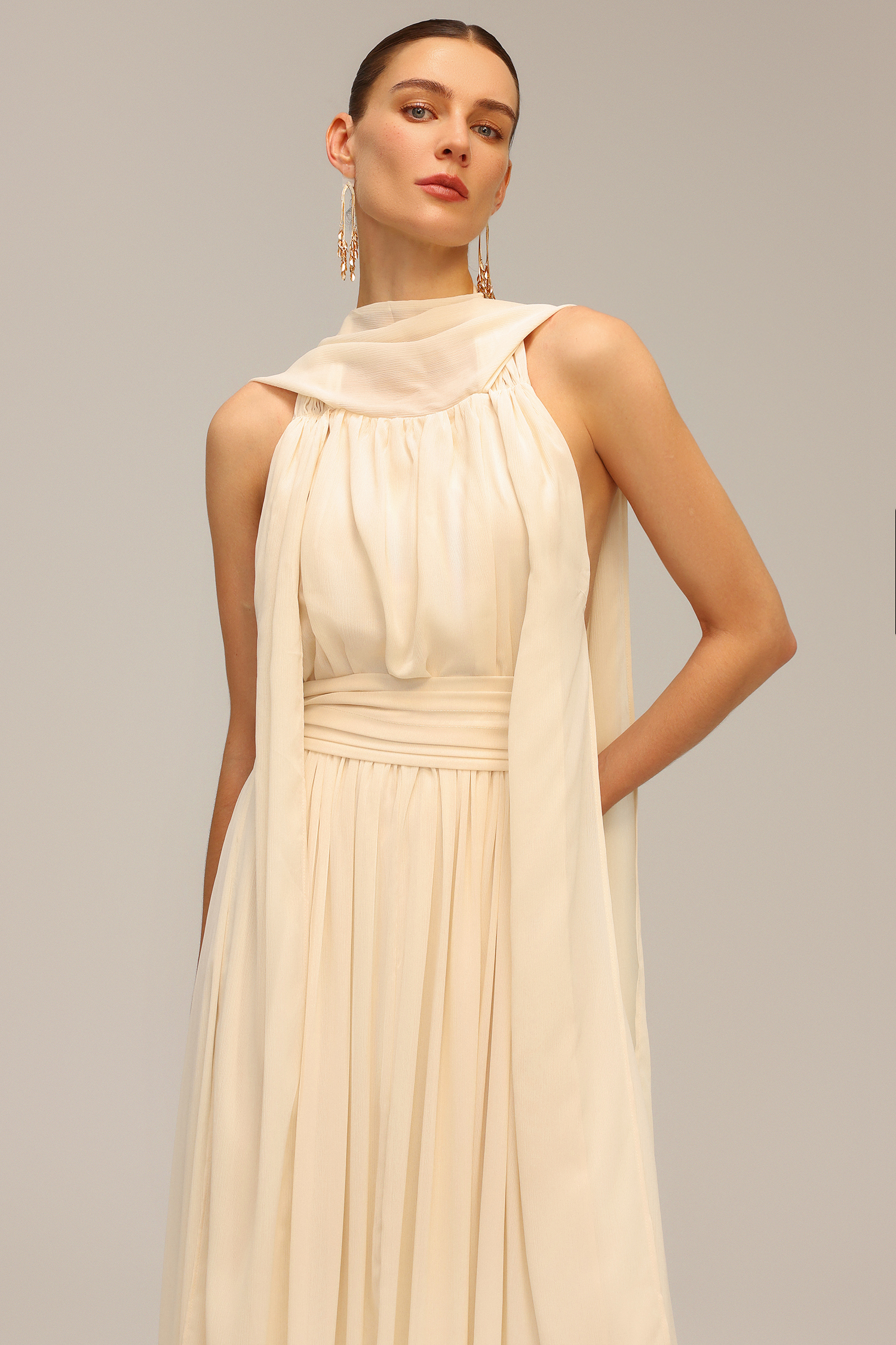 Harper Backless Sleeveless Folds Streamer Maxi Dress