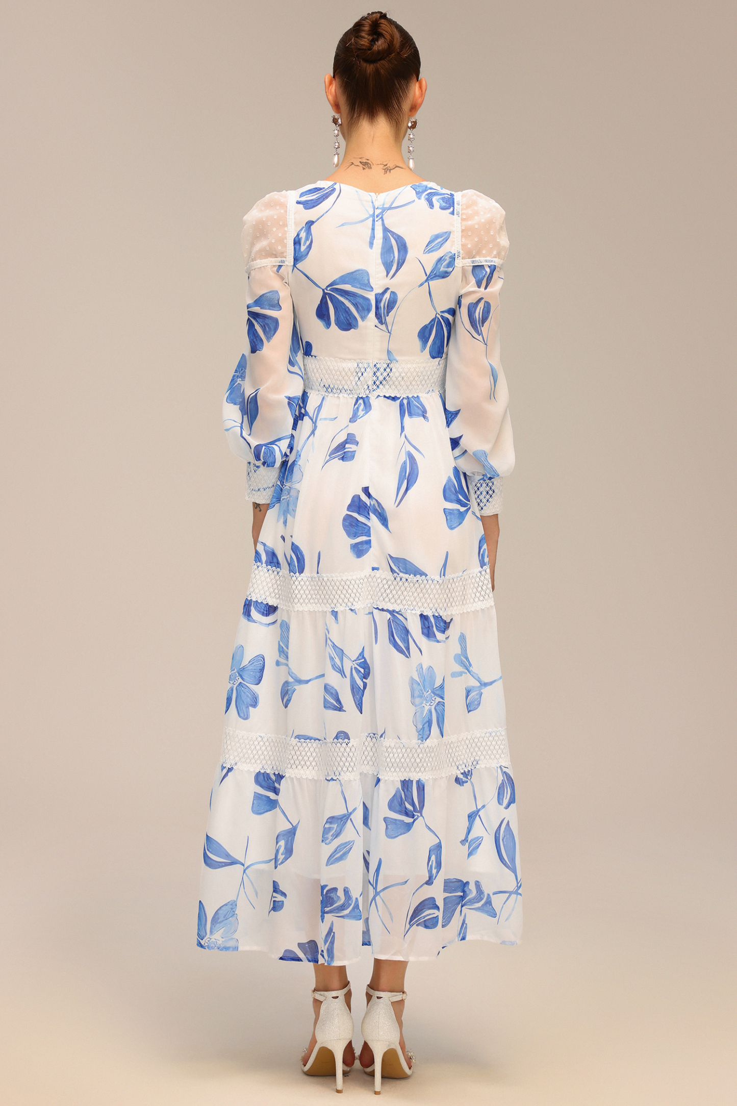 Mitra Long Sleeve Floral Printed Hollow Out Maxi Dress