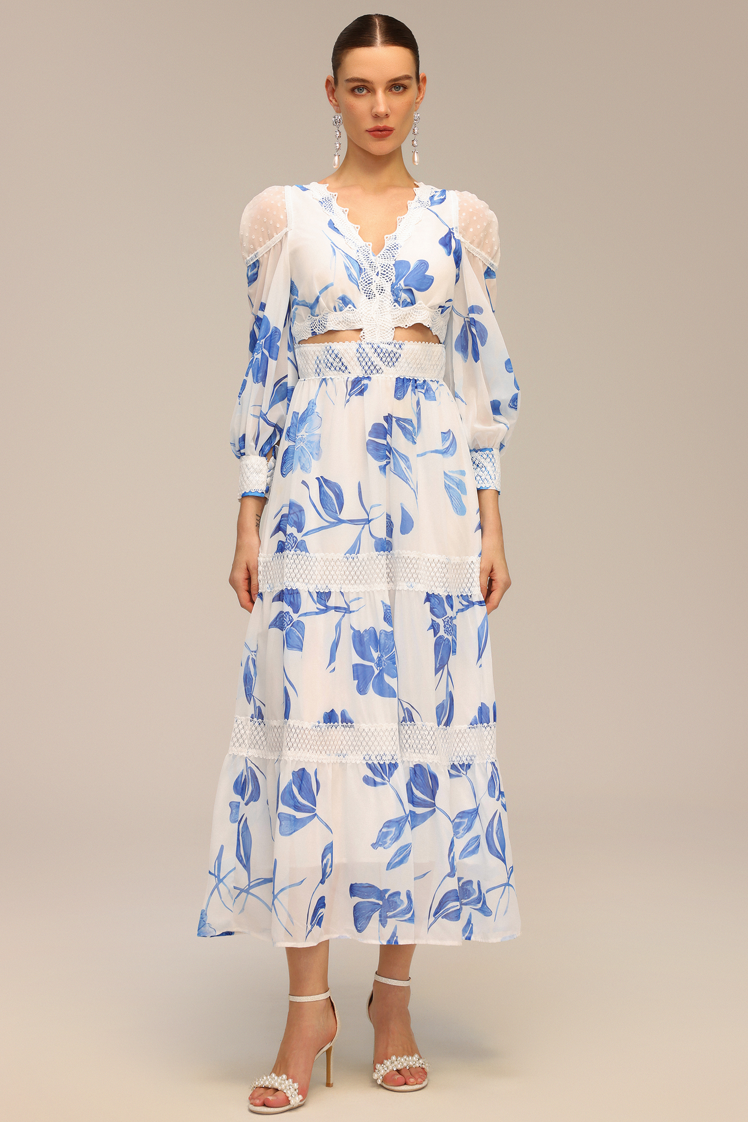 Mitra Long Sleeve Floral Printed Hollow Out Maxi Dress