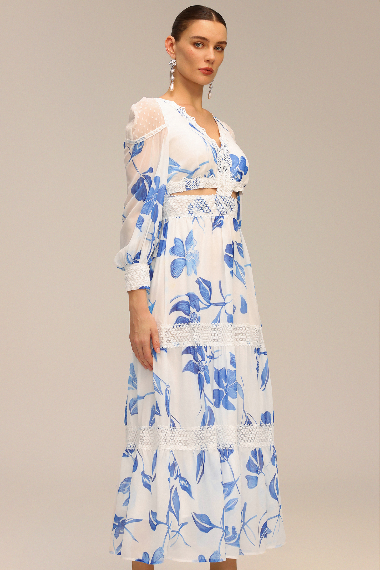 Mitra Long Sleeve Floral Printed Hollow Out Maxi Dress