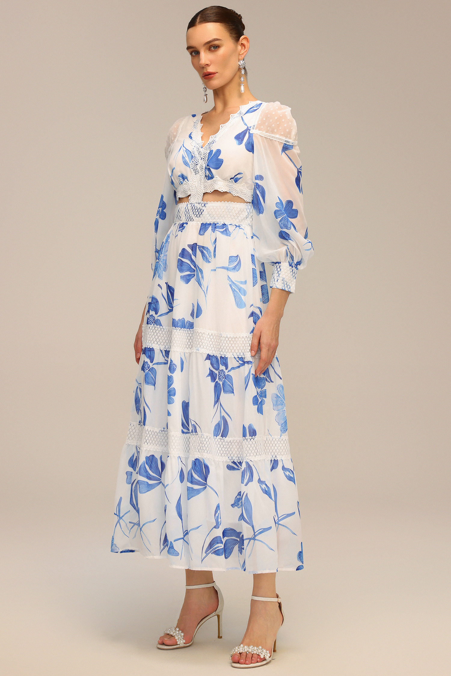 Mitra Long Sleeve Floral Printed Hollow Out Maxi Dress