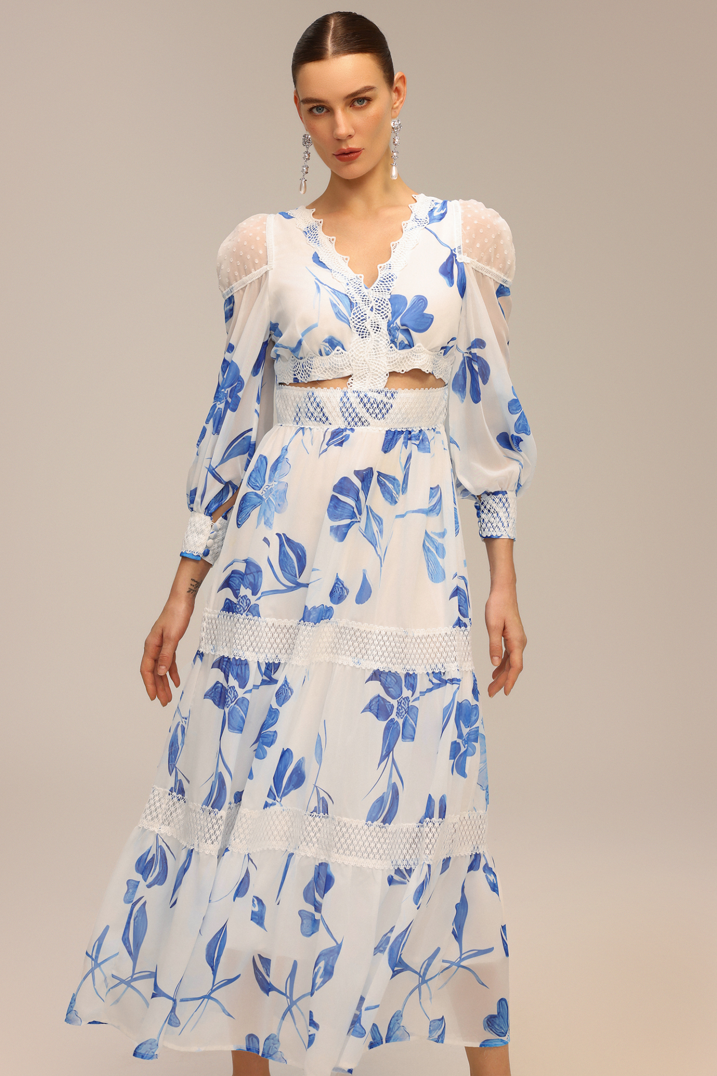 Mitra Long Sleeve Floral Printed Hollow Out Maxi Dress