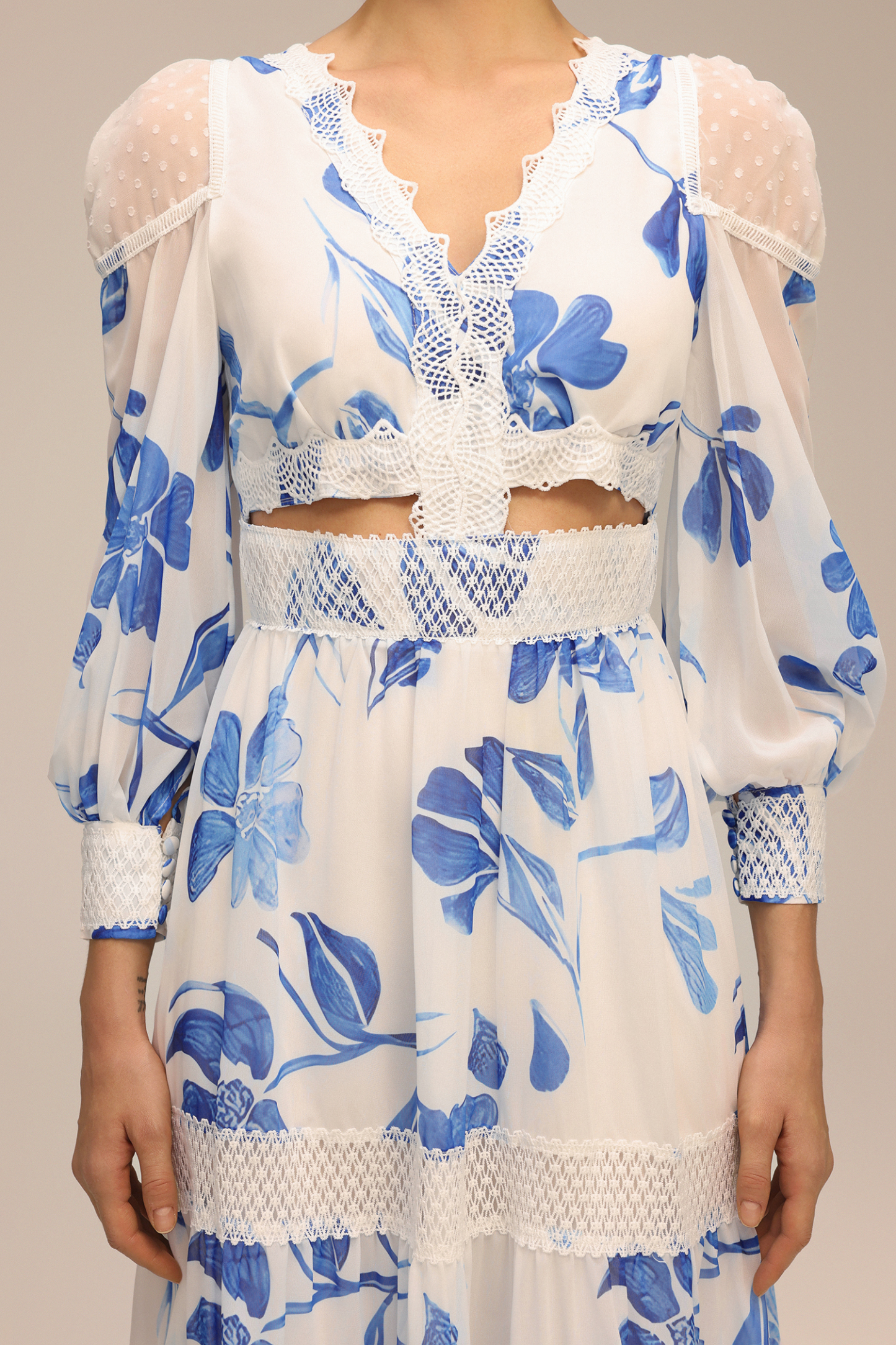 Mitra Long Sleeve Floral Printed Hollow Out Maxi Dress