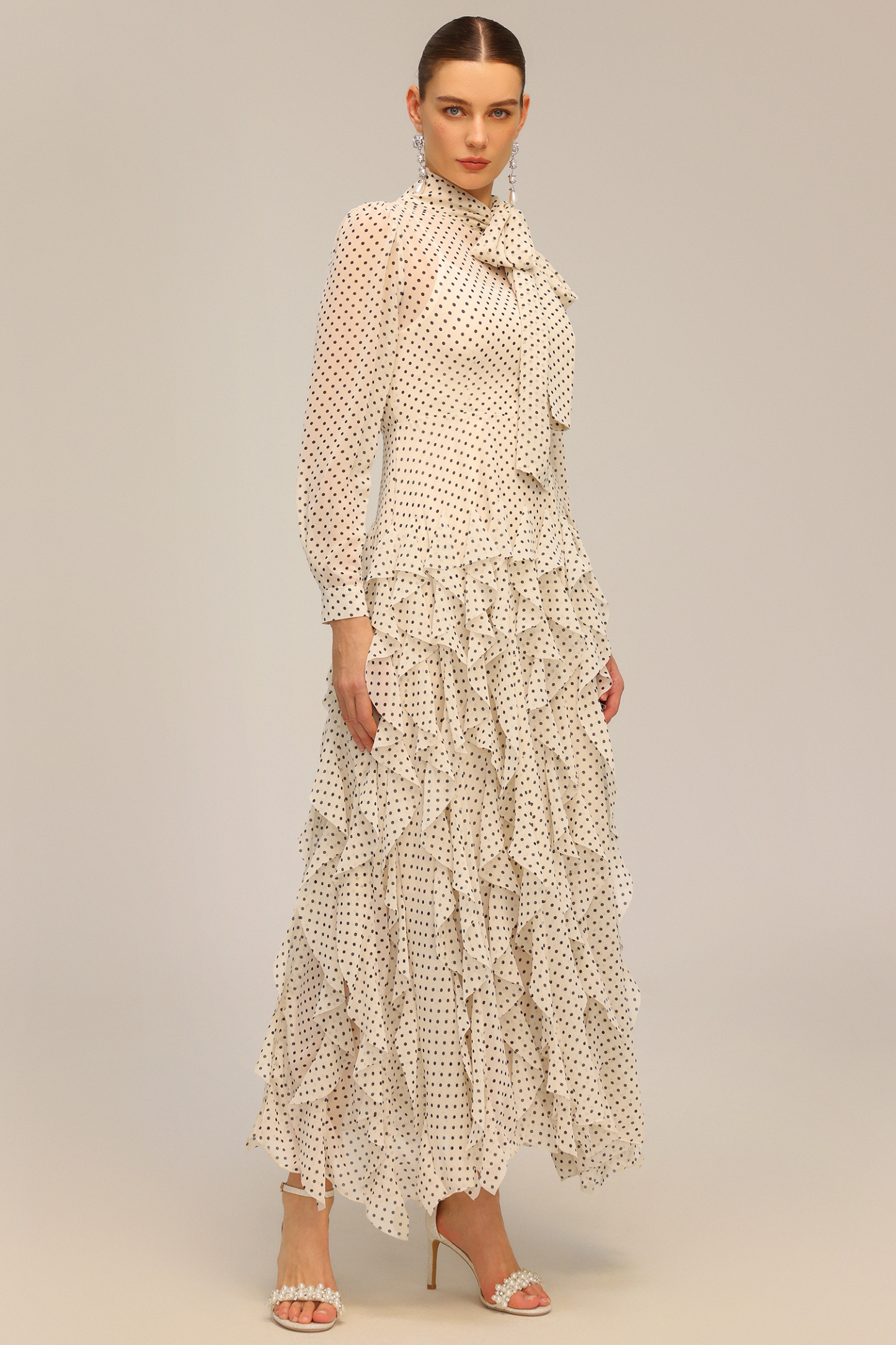 Elaia Dot Printed Long Sleeve Folds Maxi Dress