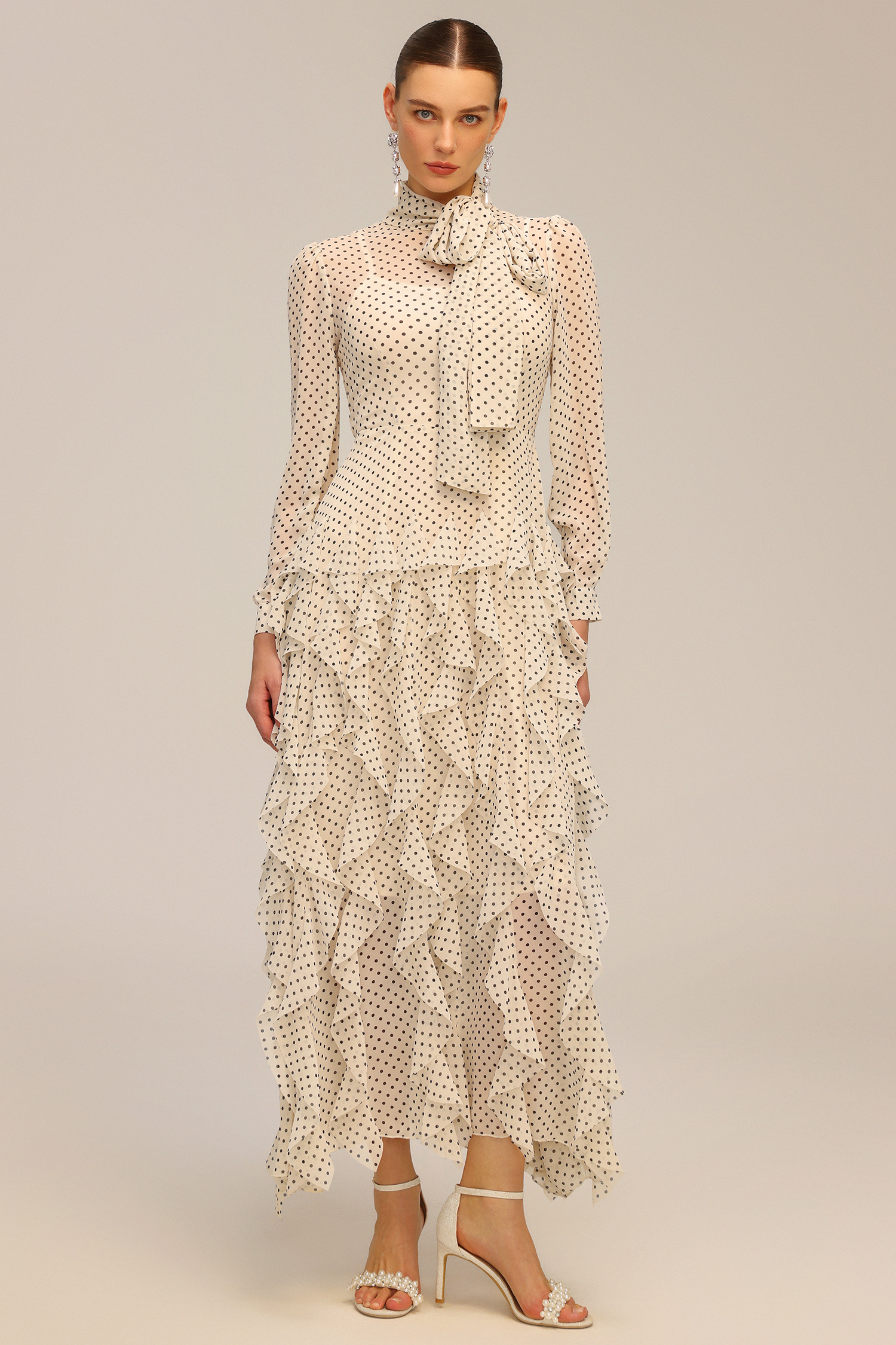 Elaia Dot Printed Long Sleeve Folds Maxi Dress