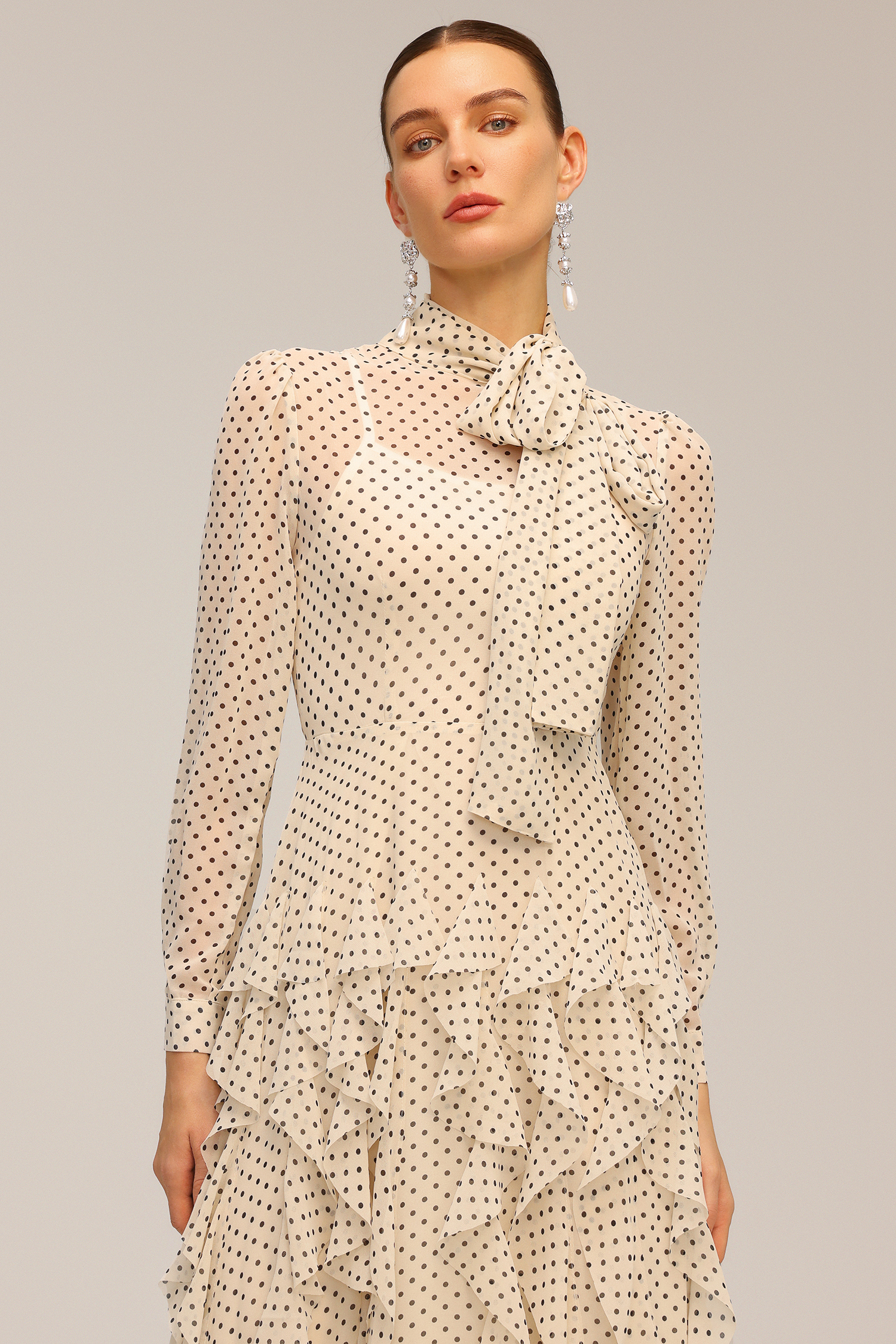 Elaia Dot Printed Long Sleeve Folds Maxi Dress