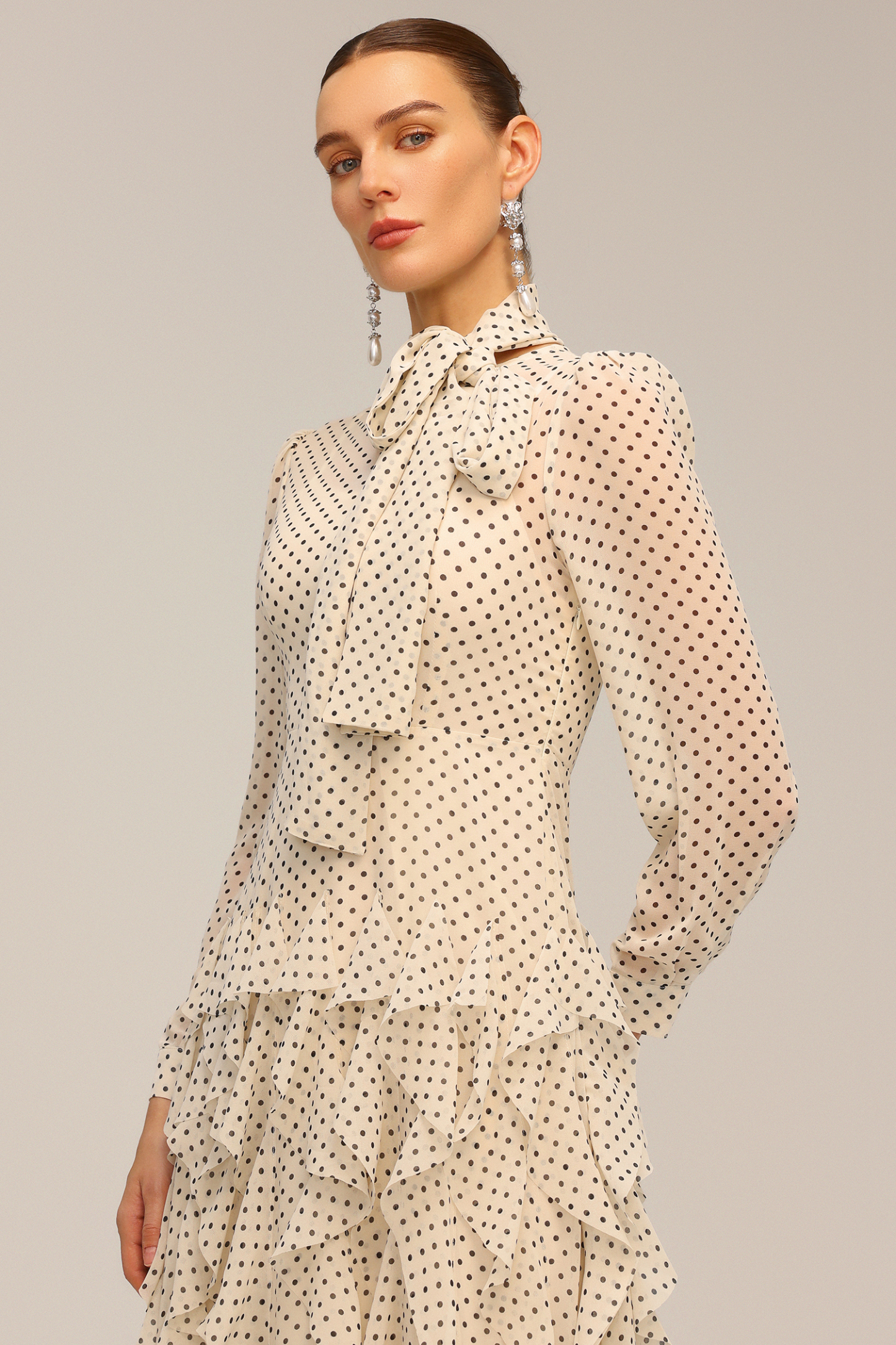 Elaia Dot Printed Long Sleeve Folds Maxi Dress