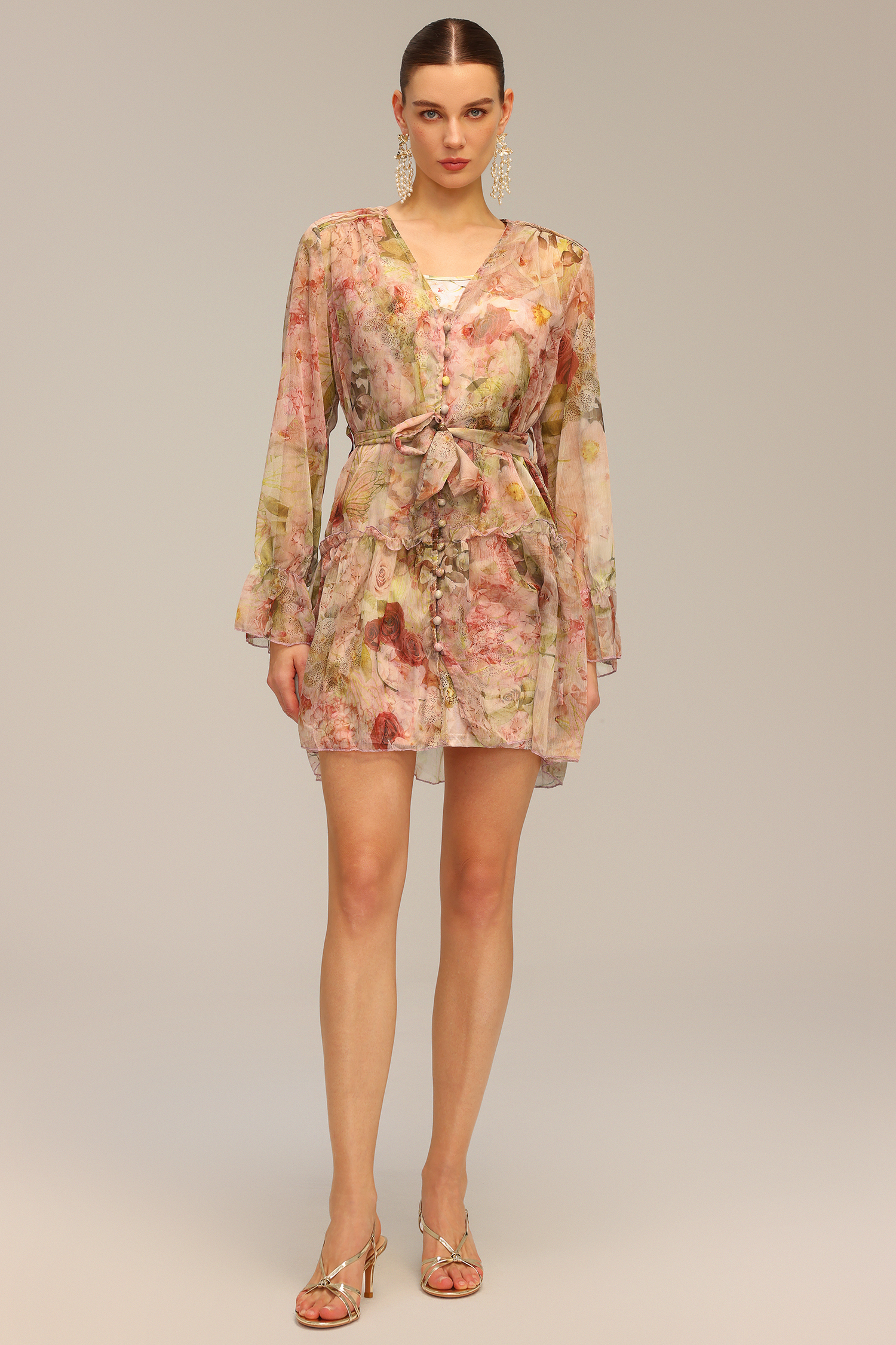 Lorena V-Neck Long Sleeve Floral Printed Mini Dress