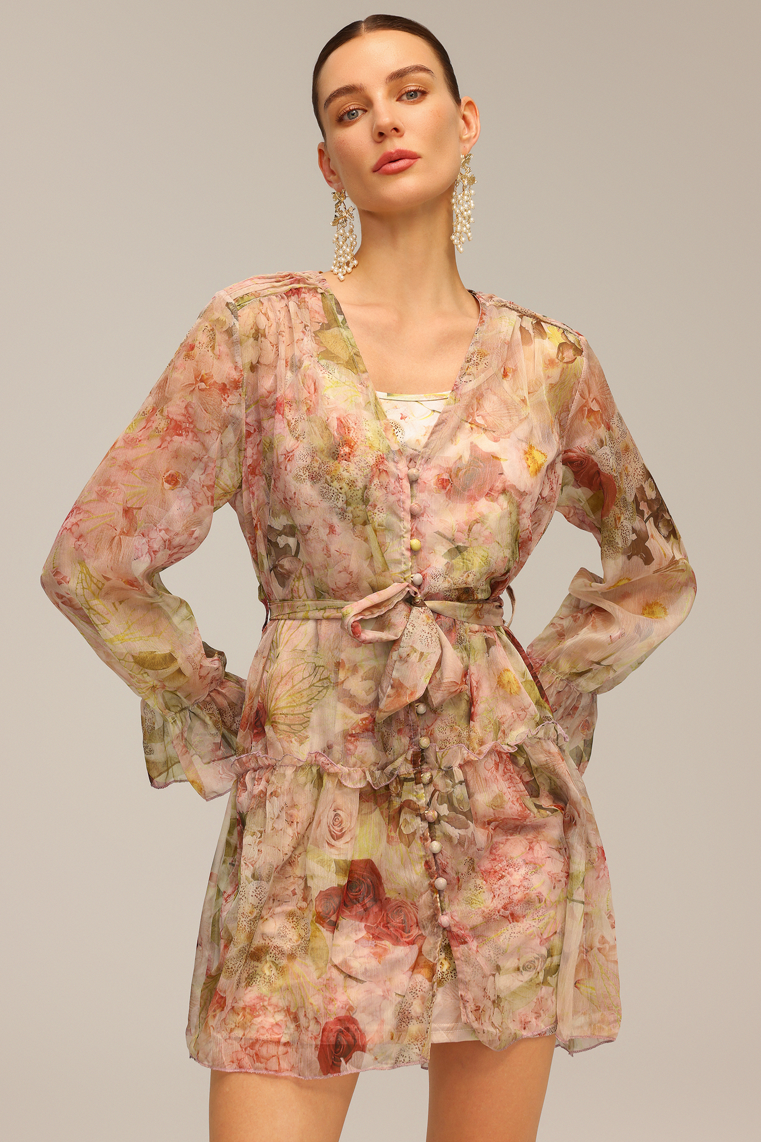 Lorena V-Neck Long Sleeve Floral Printed Mini Dress