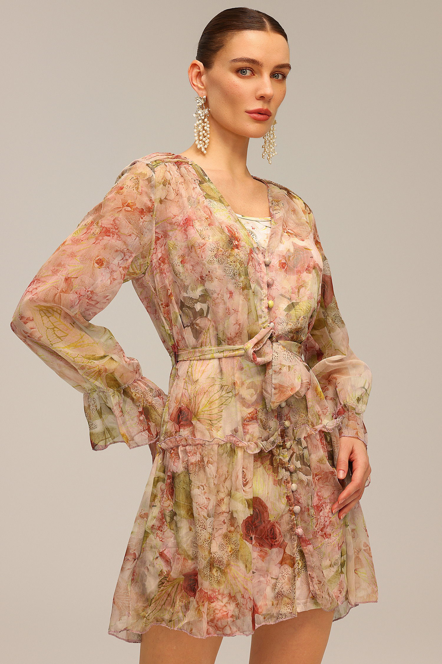 Lorena V-Neck Long Sleeve Floral Printed Mini Dress